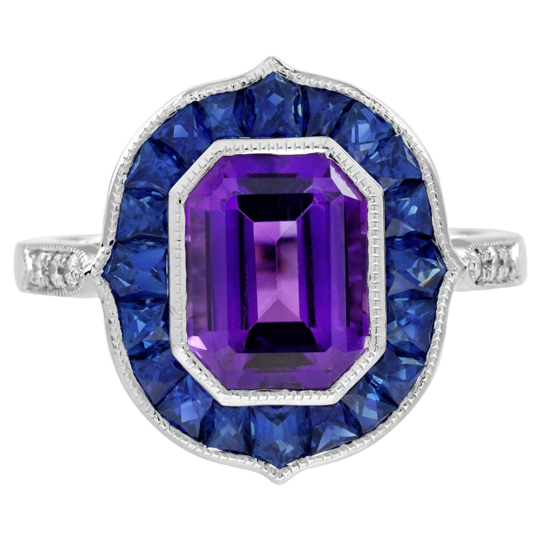 Amethyst Sapphire and Diamond Art Deco Style Engagement Ring in 18K White Gold