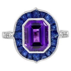 Bague de fiançailles en or blanc 18 carats, améthyste, saphir et diamant de style Art déco