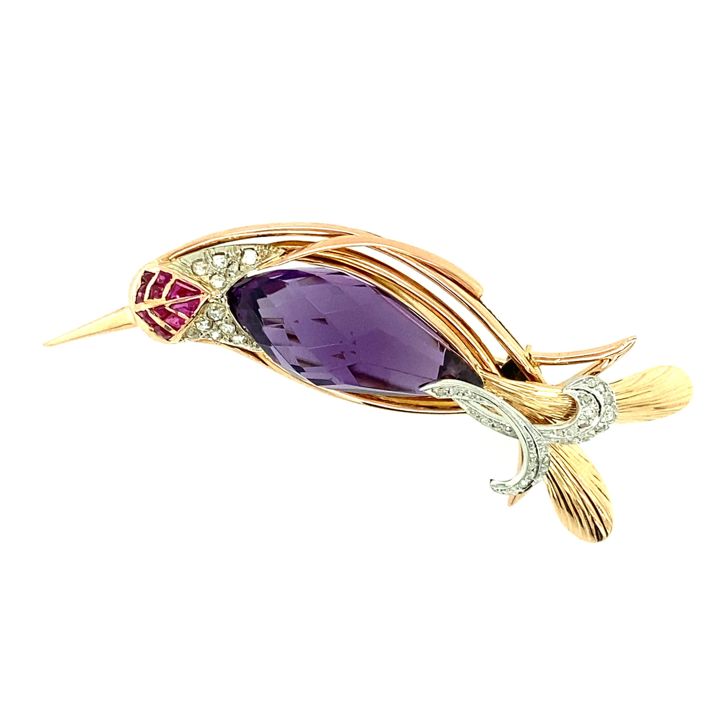 Amethyst, Sapphire and Diamond Hummingbird Pin In Good Condition In Towson, MD