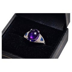 Cabochon Amethyst Sapphire Diamond Ring 18K White Gold