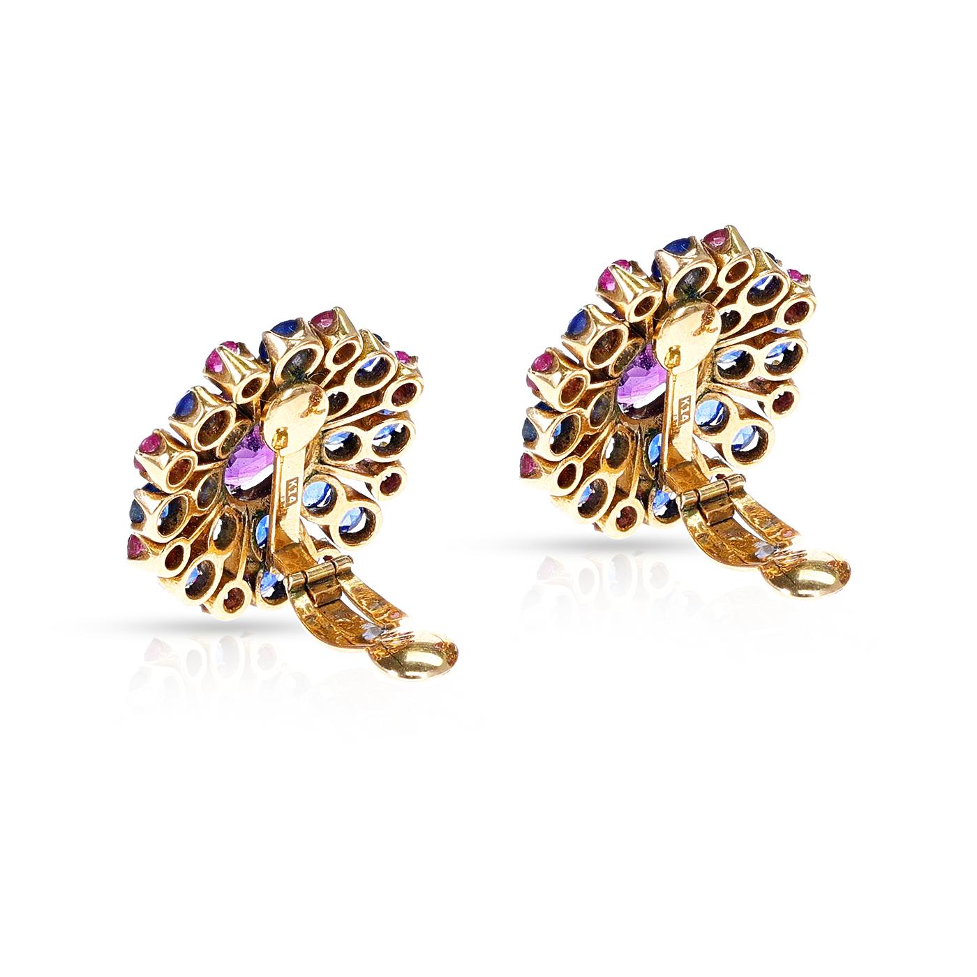 Set di orecchini e spille con ametista, zaffiro e rubino, oro 14k in vendita 1
