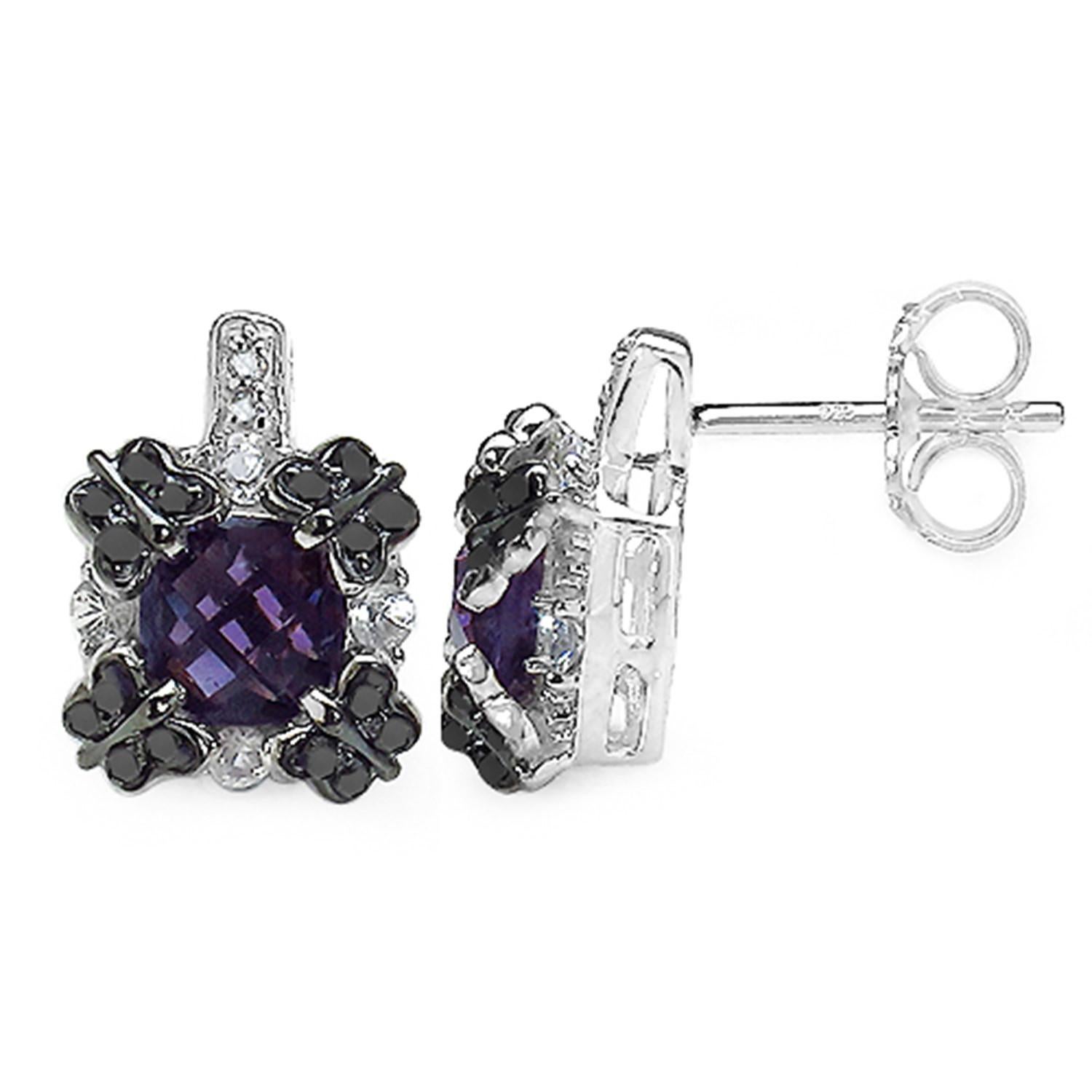 Contemporary Amethyst Sapphire Black Diamond Stud Earrings 2.6 Carats Silver For Sale