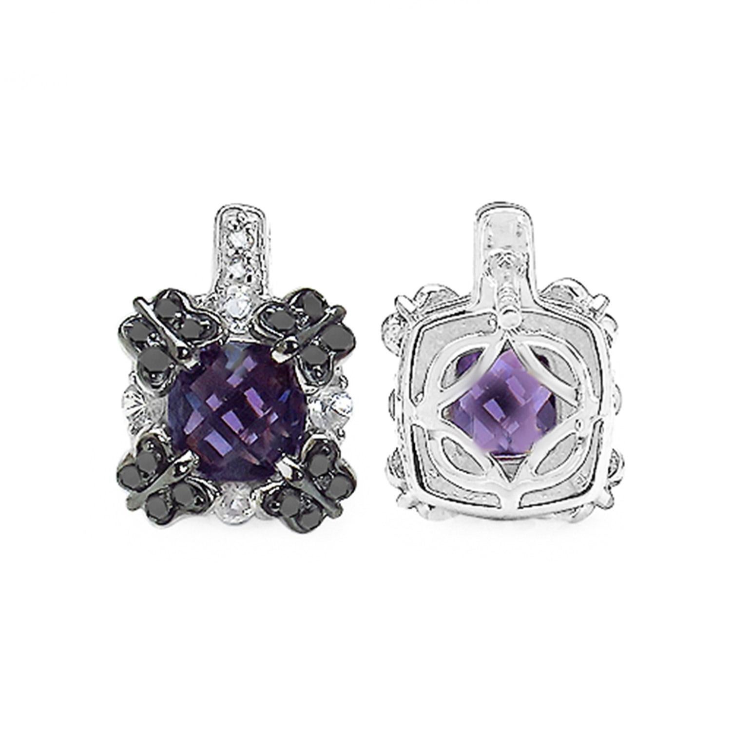 Mixed Cut Amethyst Sapphire Black Diamond Stud Earrings 2.6 Carats Silver For Sale