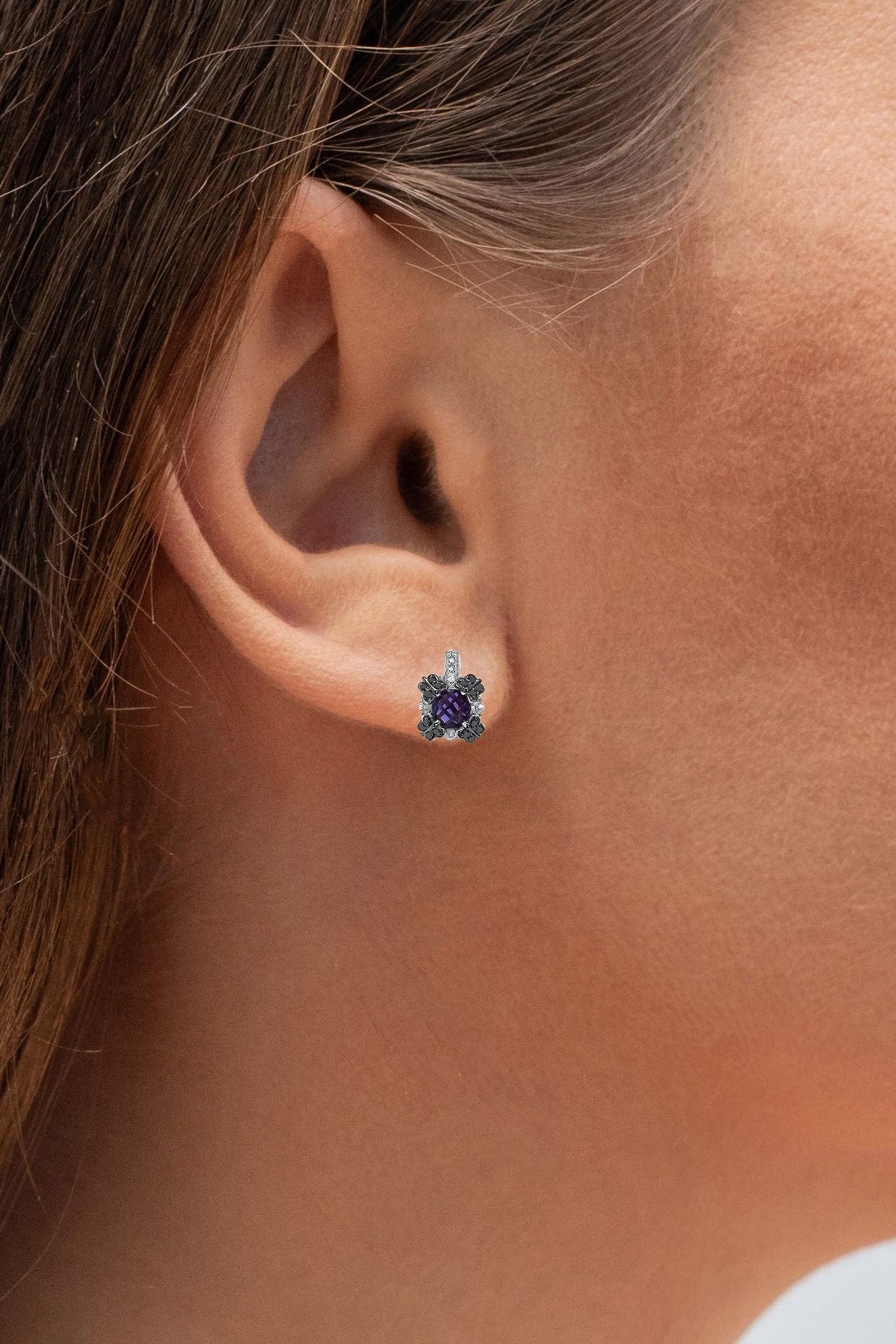 Amethyst Sapphire Black Diamond Stud Earrings 2.6 Carats Silver In Excellent Condition For Sale In Punta Gorda, FL