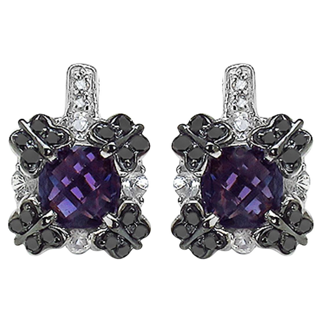 Amethyst Sapphire Black Diamond Stud Earrings 2.6 Carats Silver For Sale