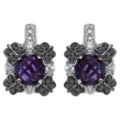 Amethyst Sapphire Black Diamond Stud Earrings 2.6 Carats Silver