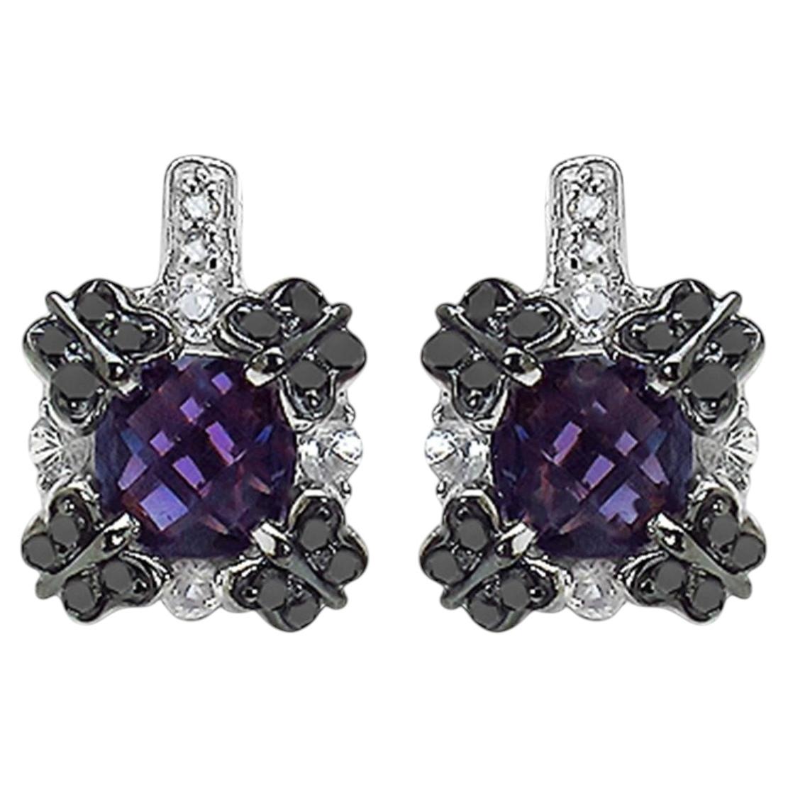 Amethyst Sapphire Black Diamond Stud Earrings 2.6 Carats Silver