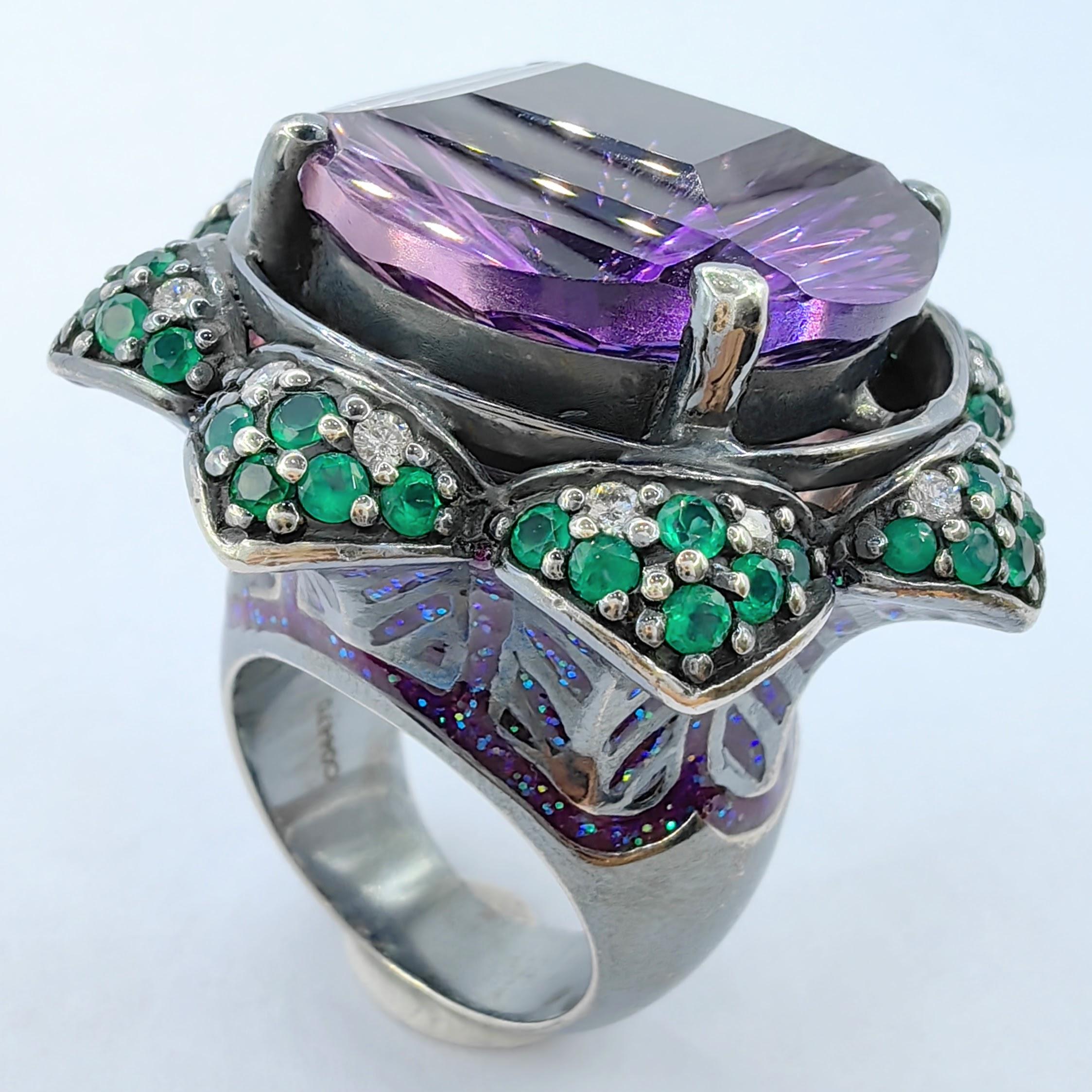 Amethyst, Saphir & Diamant Blume Cocktail Statement Ring in Sterling Silber (Zeitgenössisch)