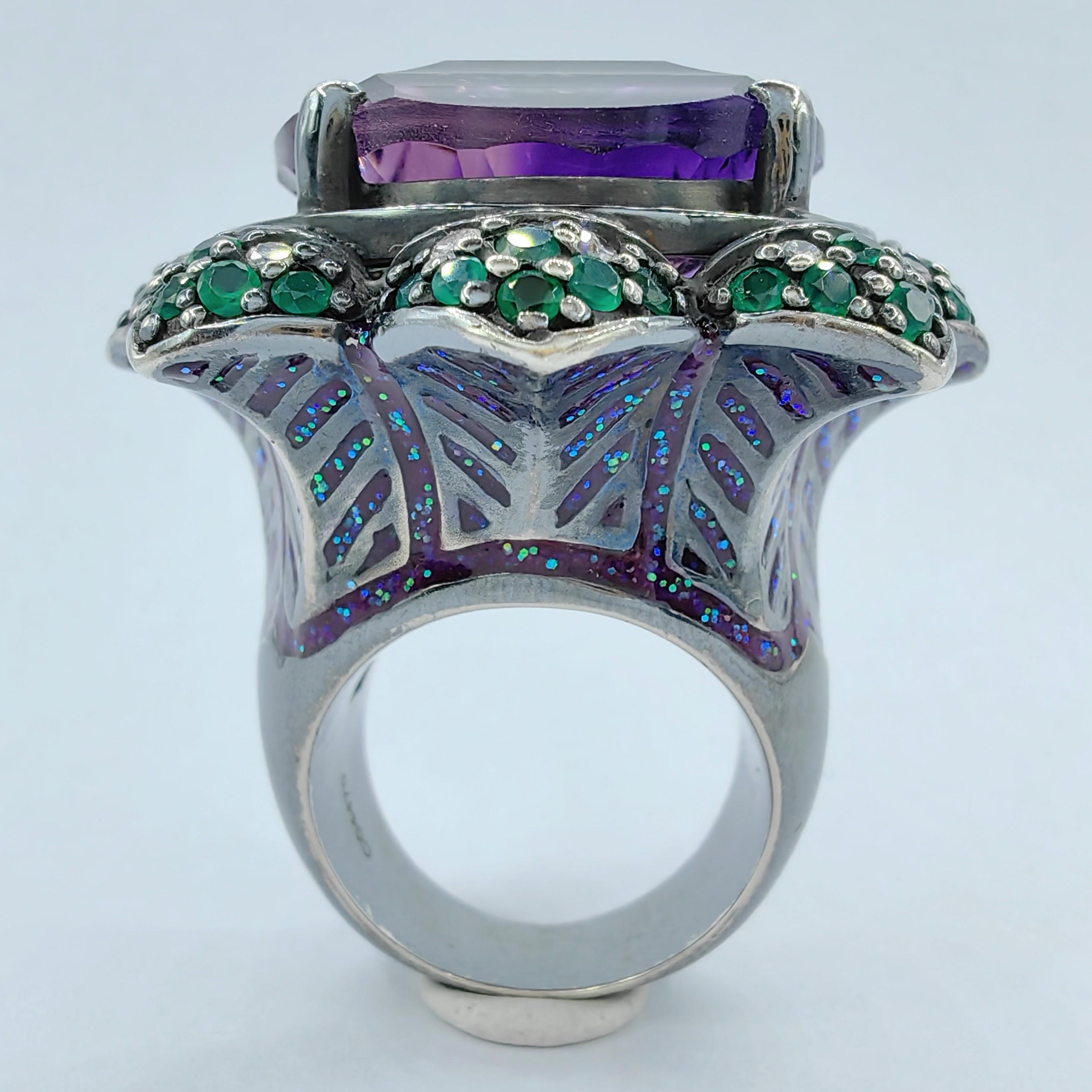 Amethyst, Saphir & Diamant Blume Cocktail Statement Ring in Sterling Silber (Gemischter Schliff)