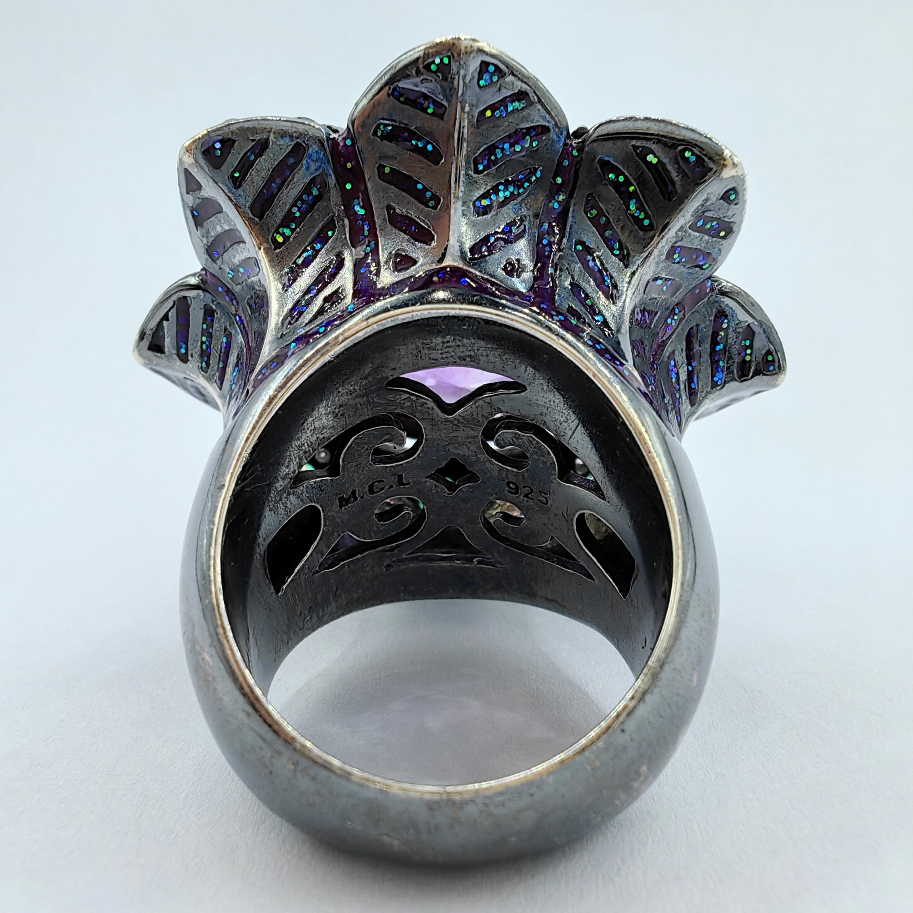 Amethyst, Saphir & Diamant Blume Cocktail Statement Ring in Sterling Silber im Zustand „Neu“ in Wan Chai District, HK