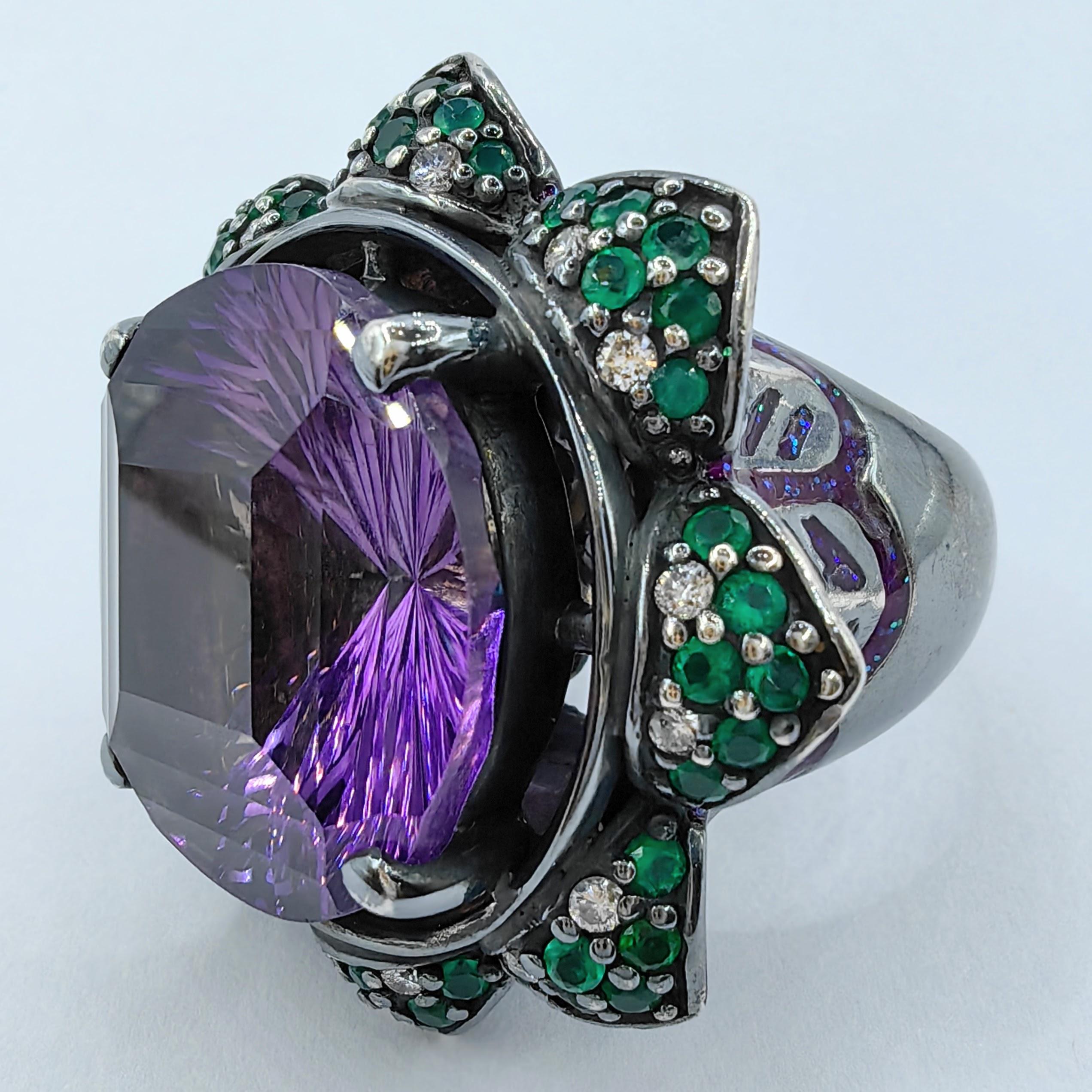 Amethyst, Saphir & Diamant Blume Cocktail Statement Ring in Sterling Silber für Damen oder Herren