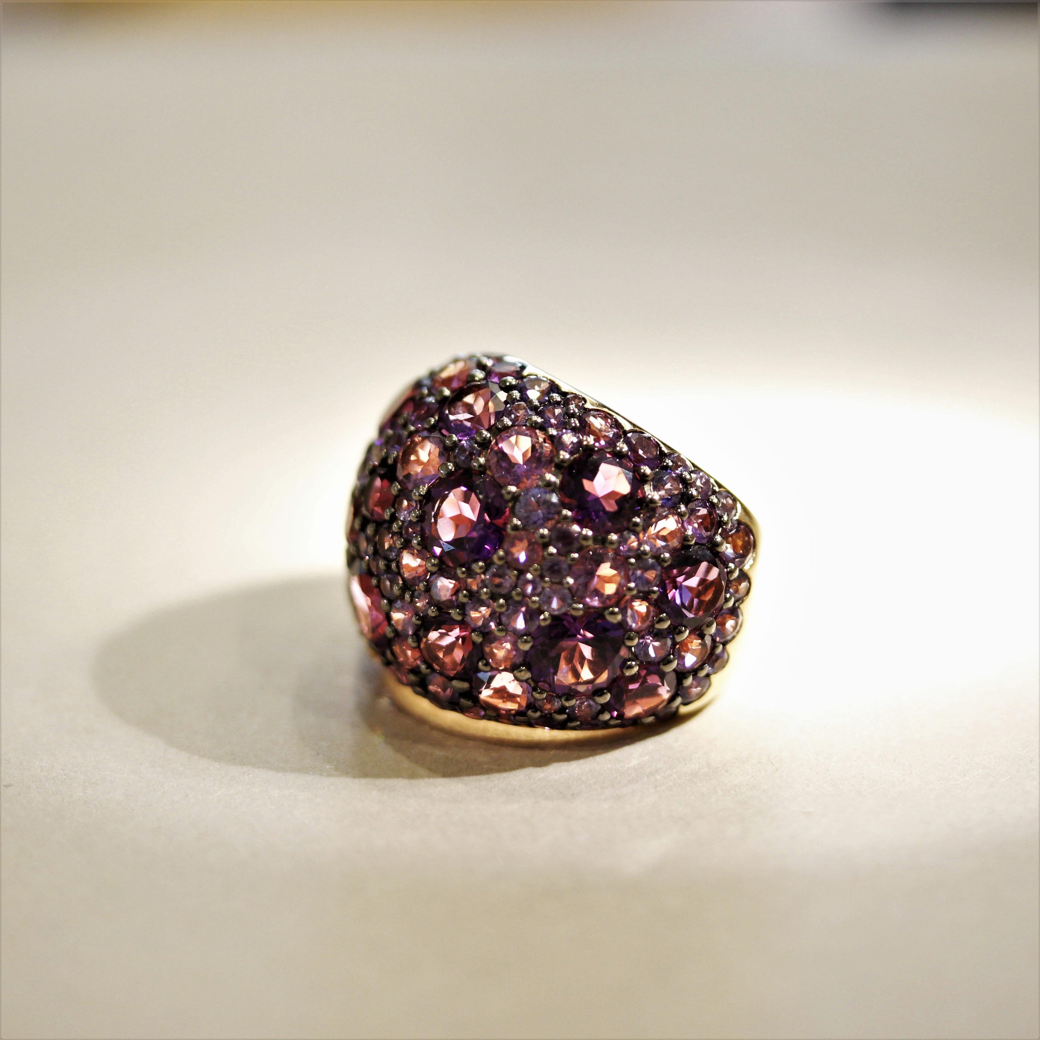 Round Cut Amethyst Sapphire Diamond Gold Domed Cocktail Ring For Sale
