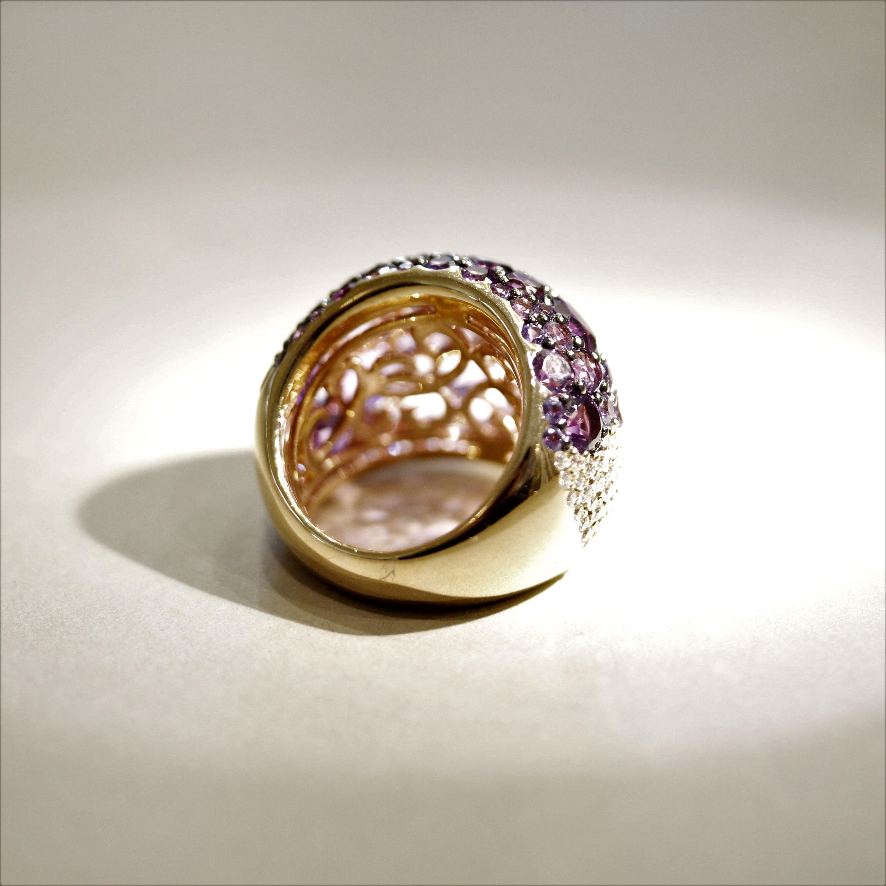 Amethyst Sapphire Diamond Gold Domed Cocktail Ring In New Condition For Sale In Beverly Hills, CA