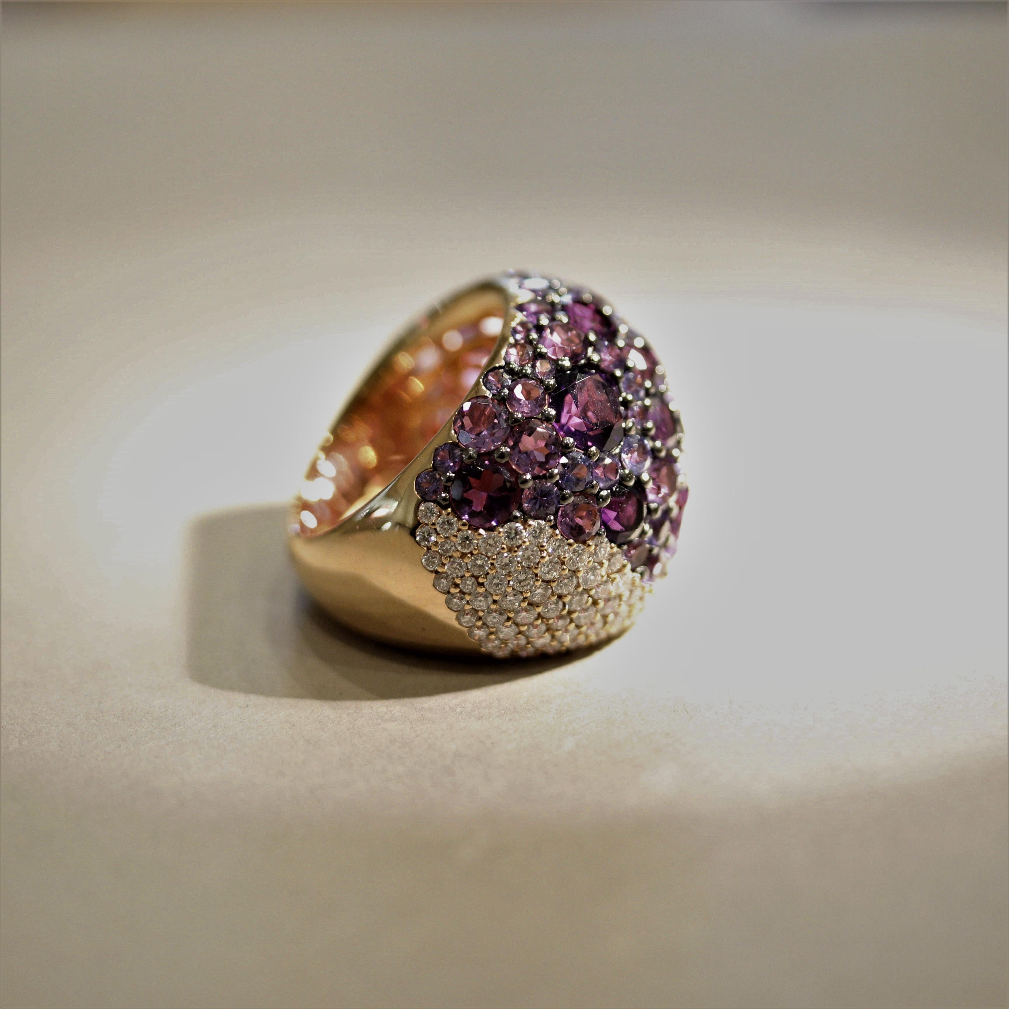 Women's Amethyst Sapphire Diamond Gold Domed Cocktail Ring For Sale
