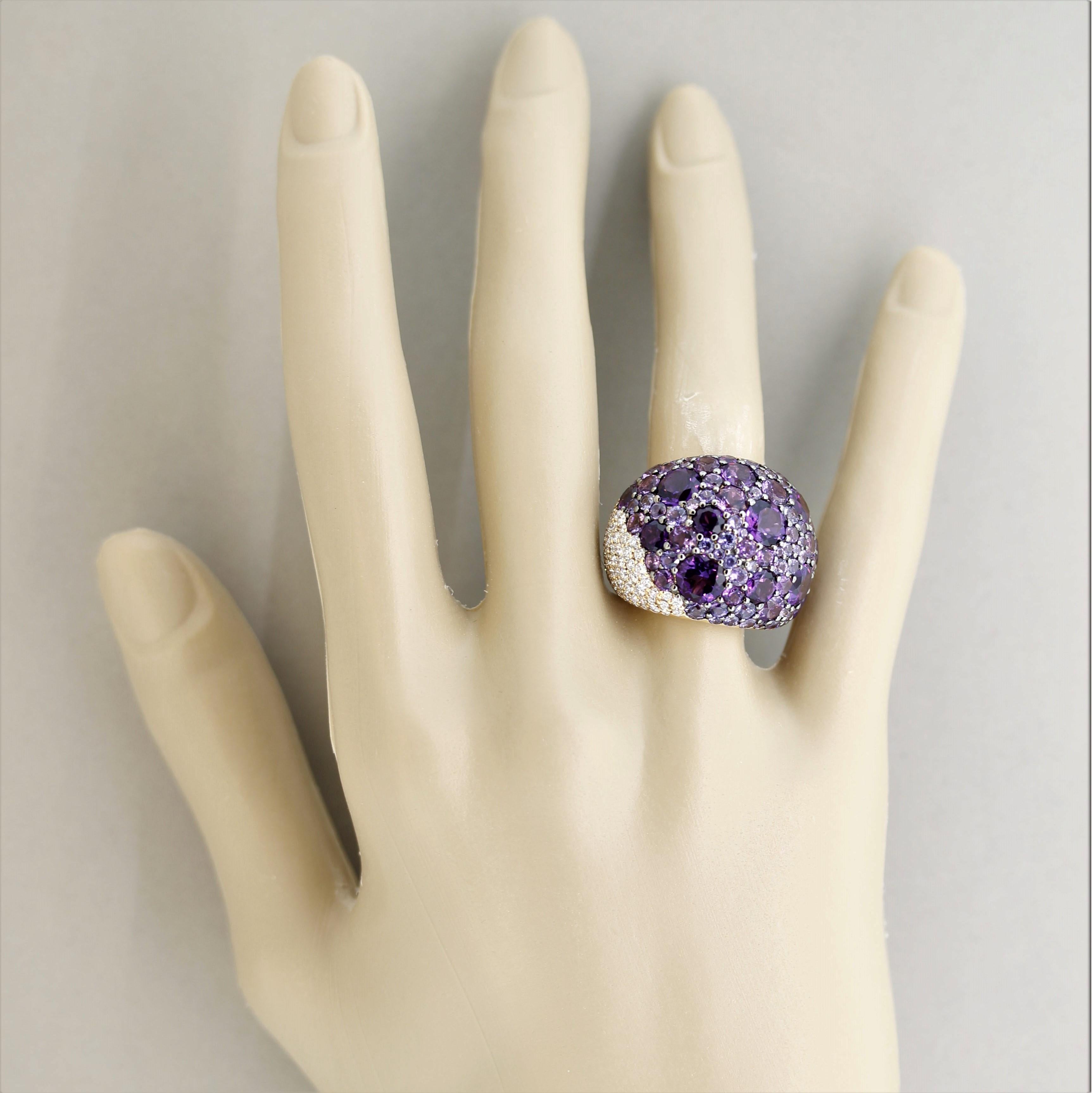 Amethyst Sapphire Diamond Gold Domed Cocktail Ring For Sale 1