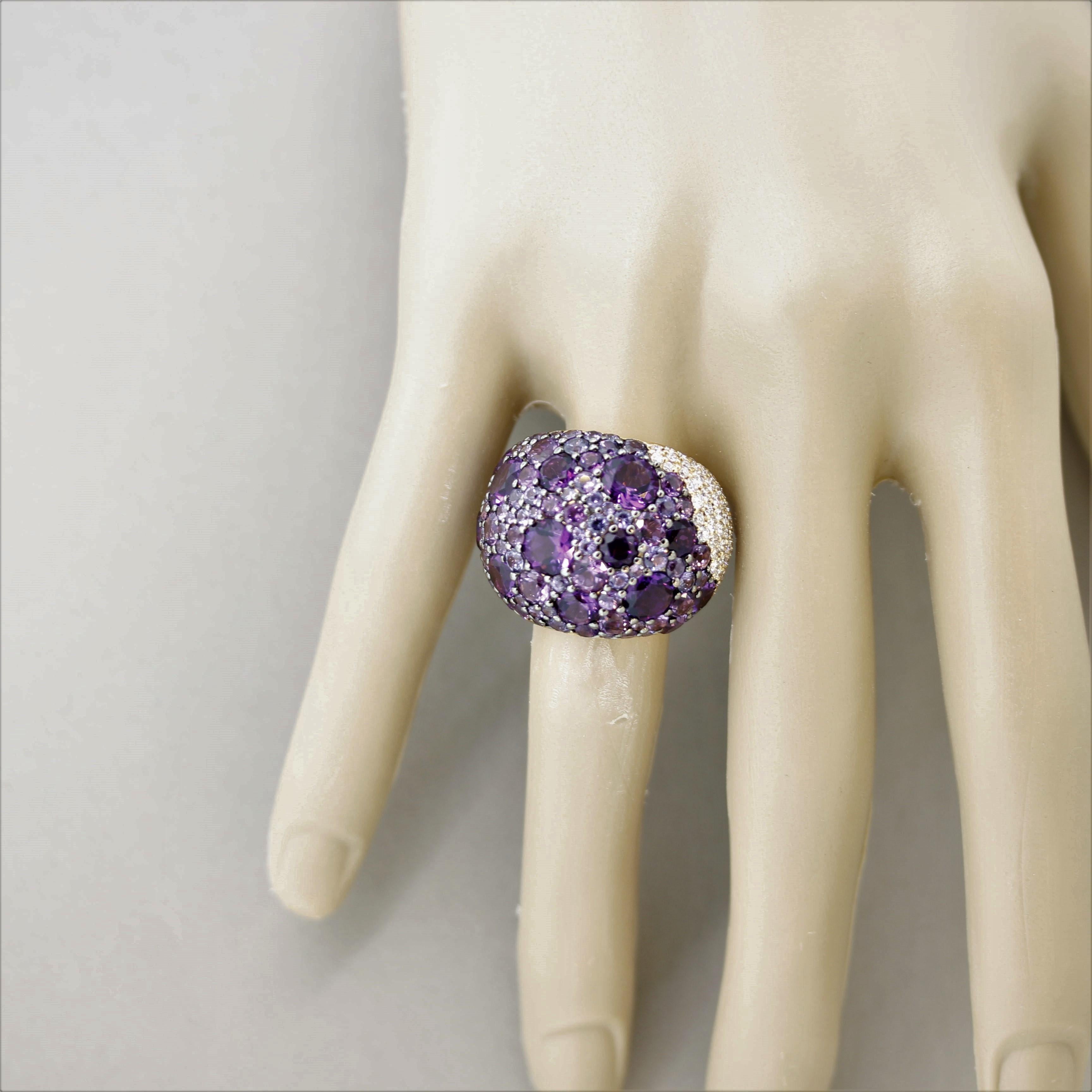 Amethyst Sapphire Diamond Gold Domed Cocktail Ring For Sale 2