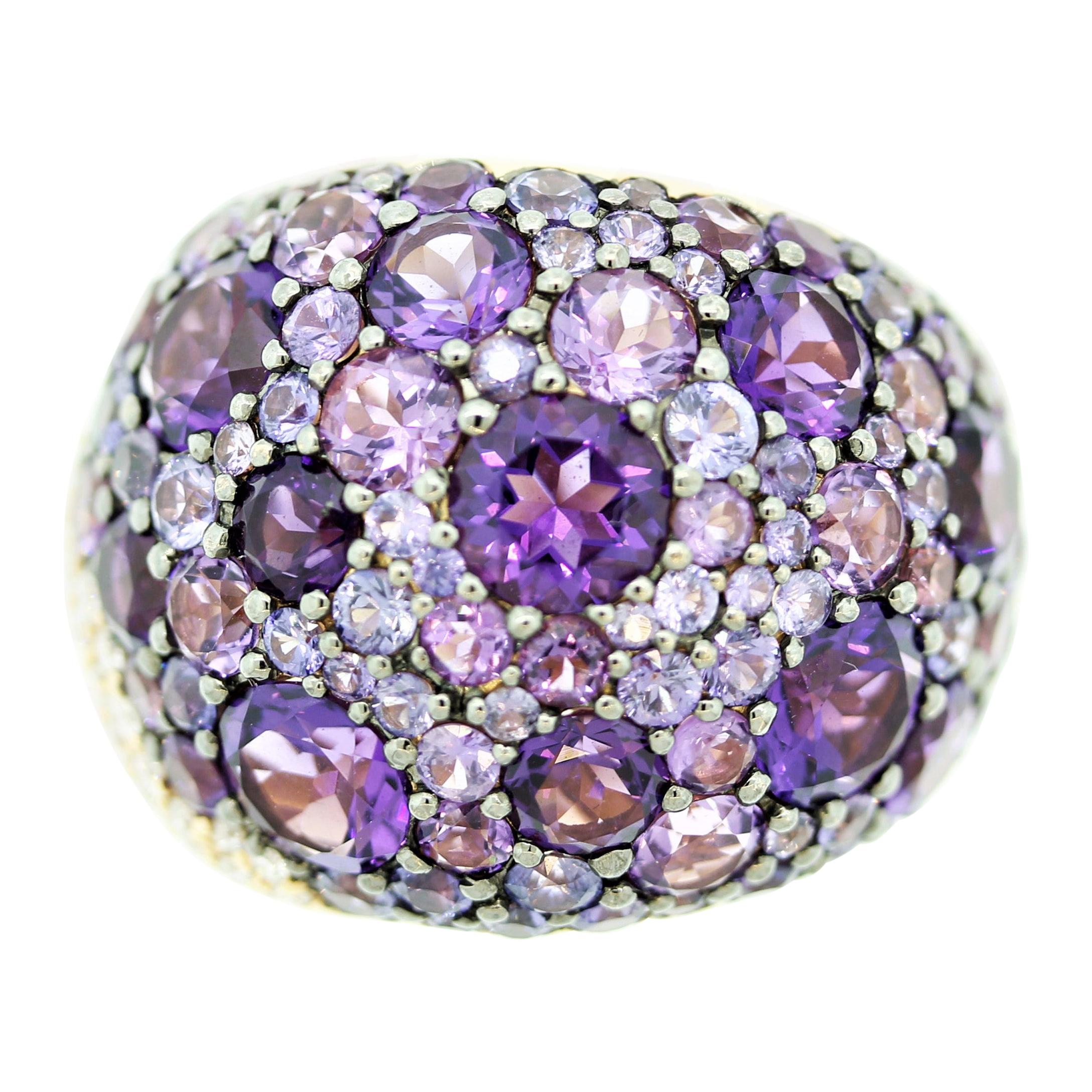 Amethyst Sapphire Diamond Gold Domed Cocktail Ring For Sale