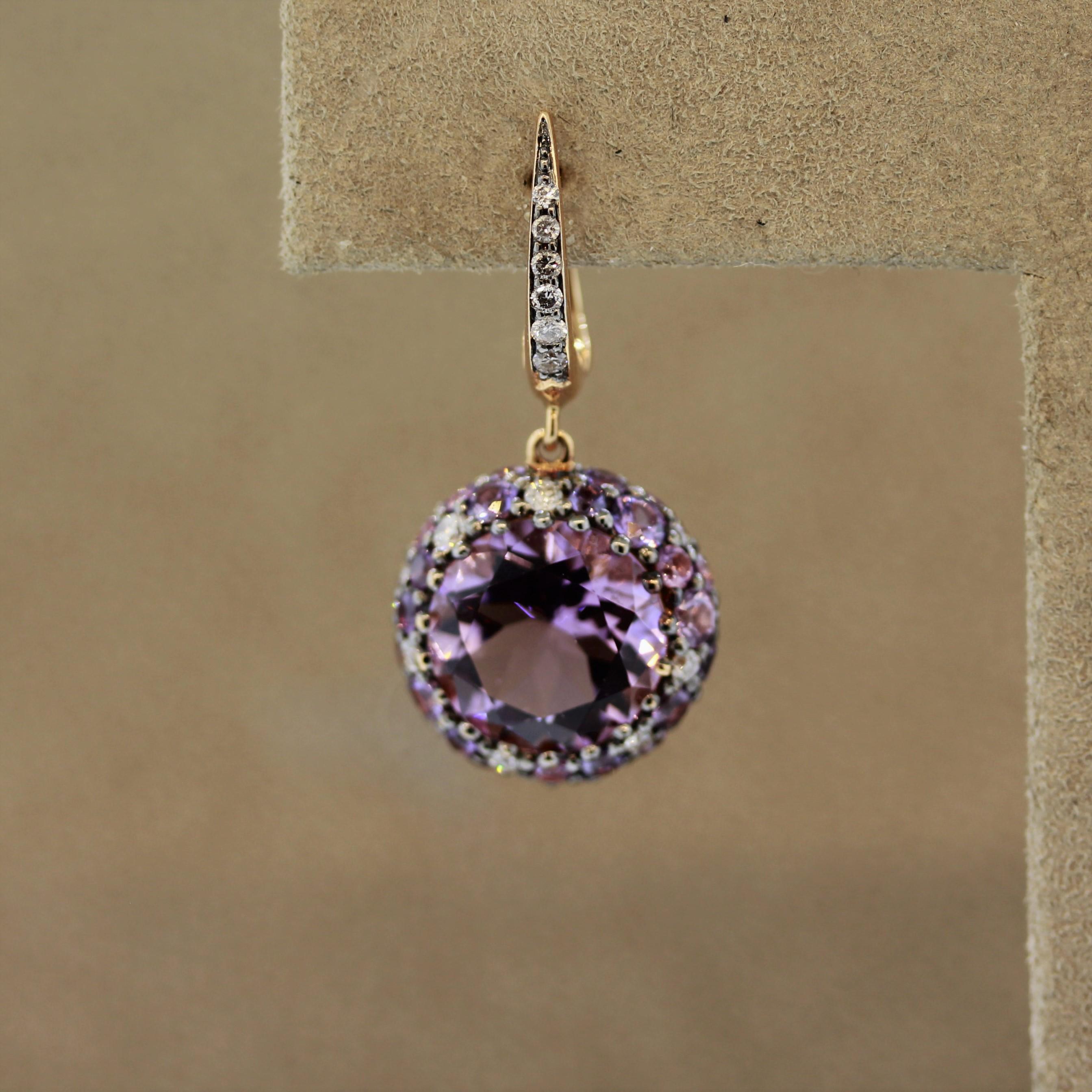 Round Cut Amethyst Sapphire Diamond Gold Drop Earrings For Sale