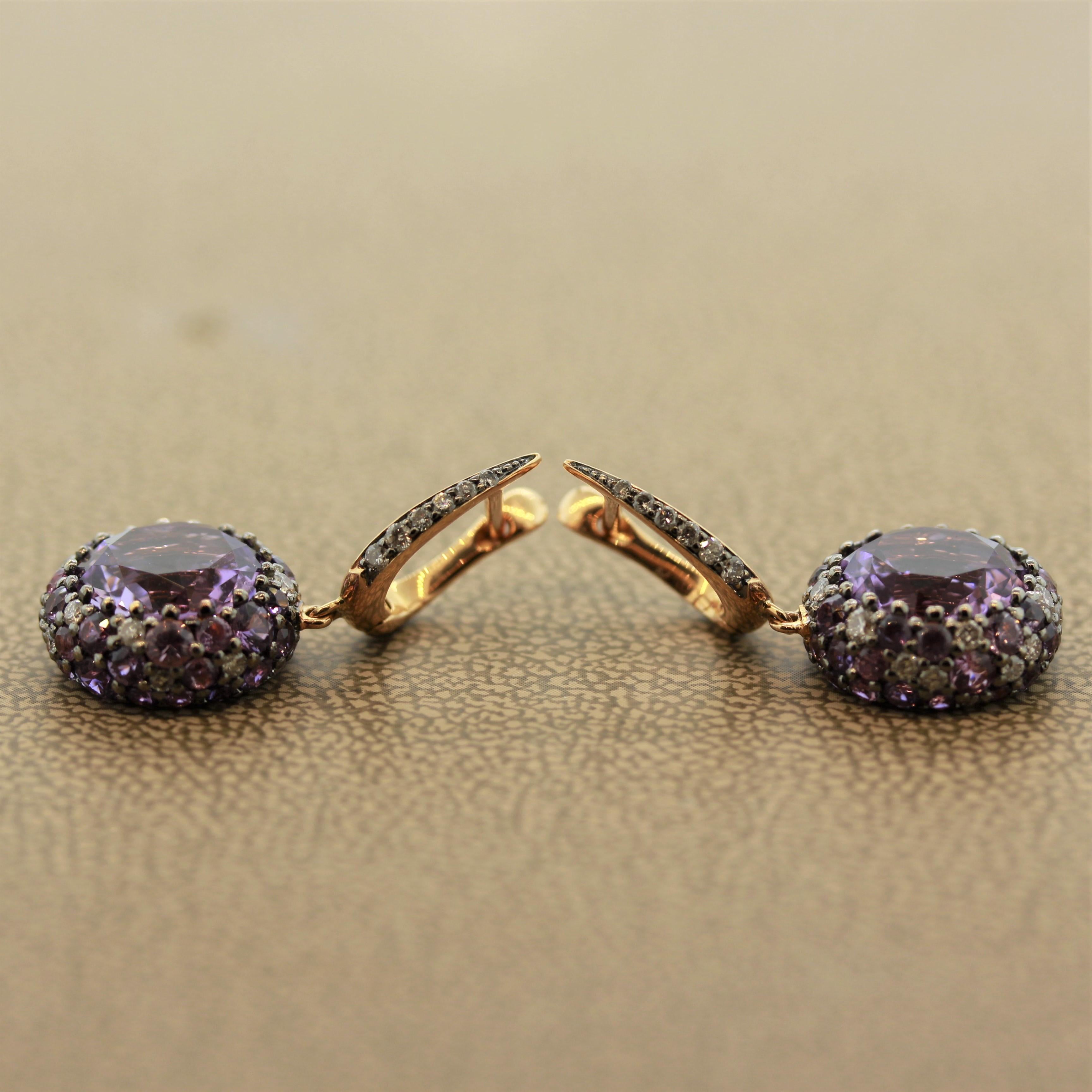 Amethyst Sapphire Diamond Gold Drop Earrings In New Condition For Sale In Beverly Hills, CA
