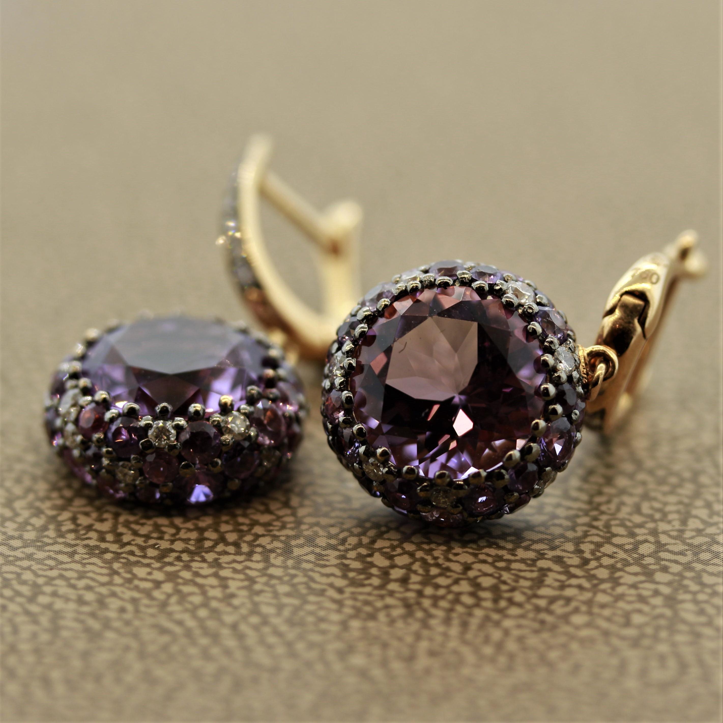 Amethyst Sapphire Diamond Gold Drop Earrings For Sale 1