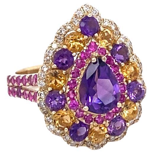 Bague cocktail en or jaune avec améthyste, saphir et diamant