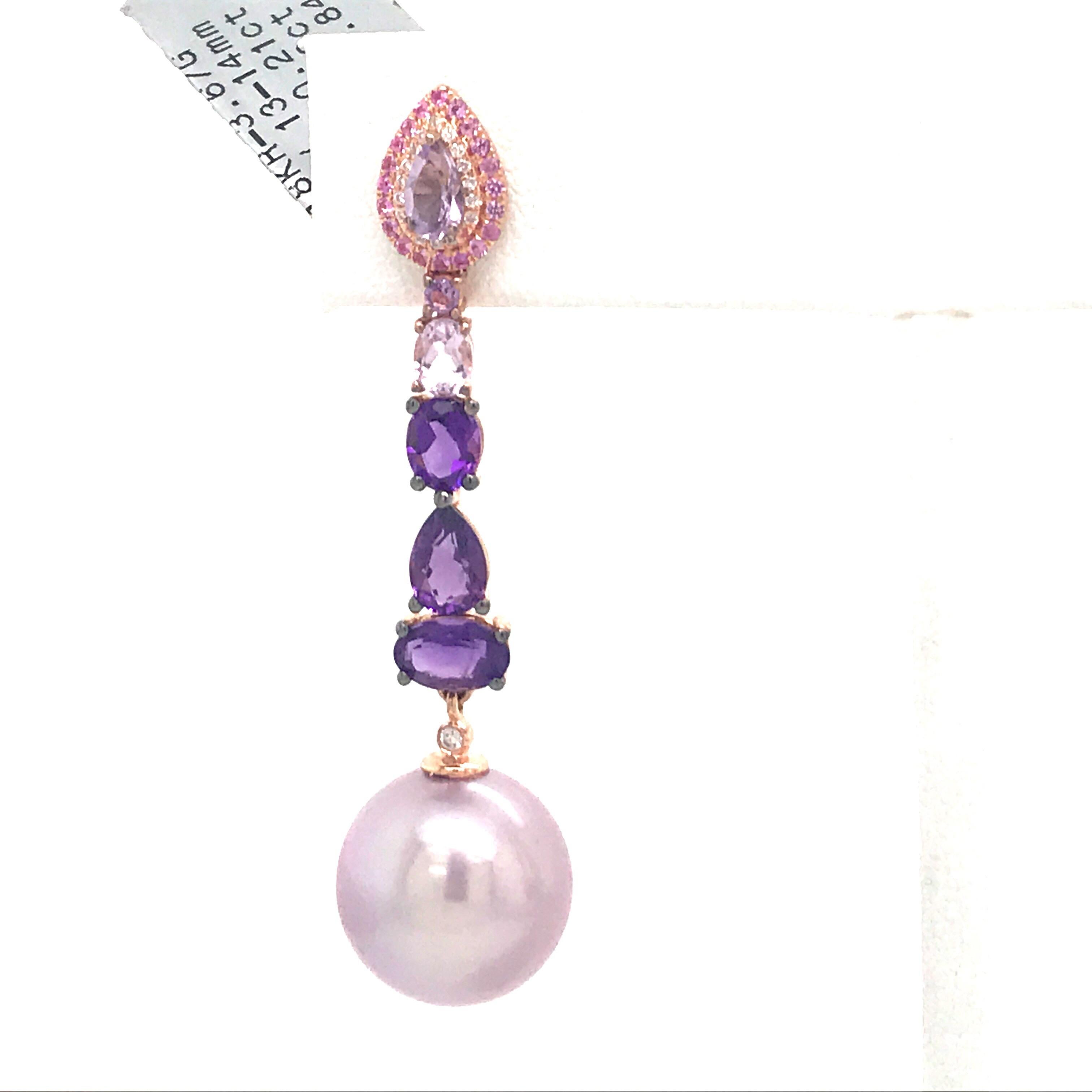 Contemporary Amethyst Sapphire Pink Freshwater Pearl Earrings 3.13 Carats 18K Rose Gold  For Sale