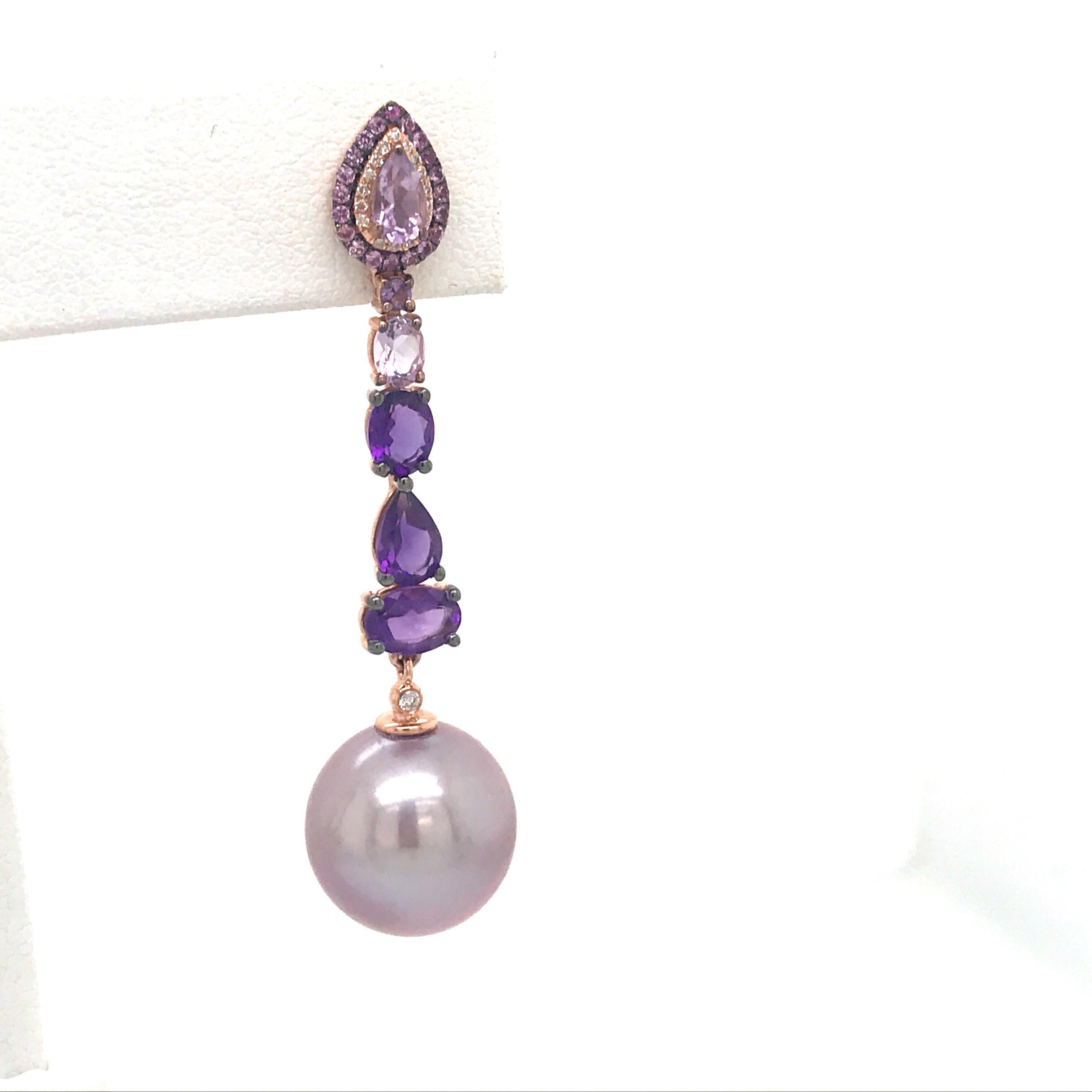Oval Cut Amethyst Sapphire Pink Freshwater Pearl Earrings 3.13 Carats 18K Rose Gold  For Sale