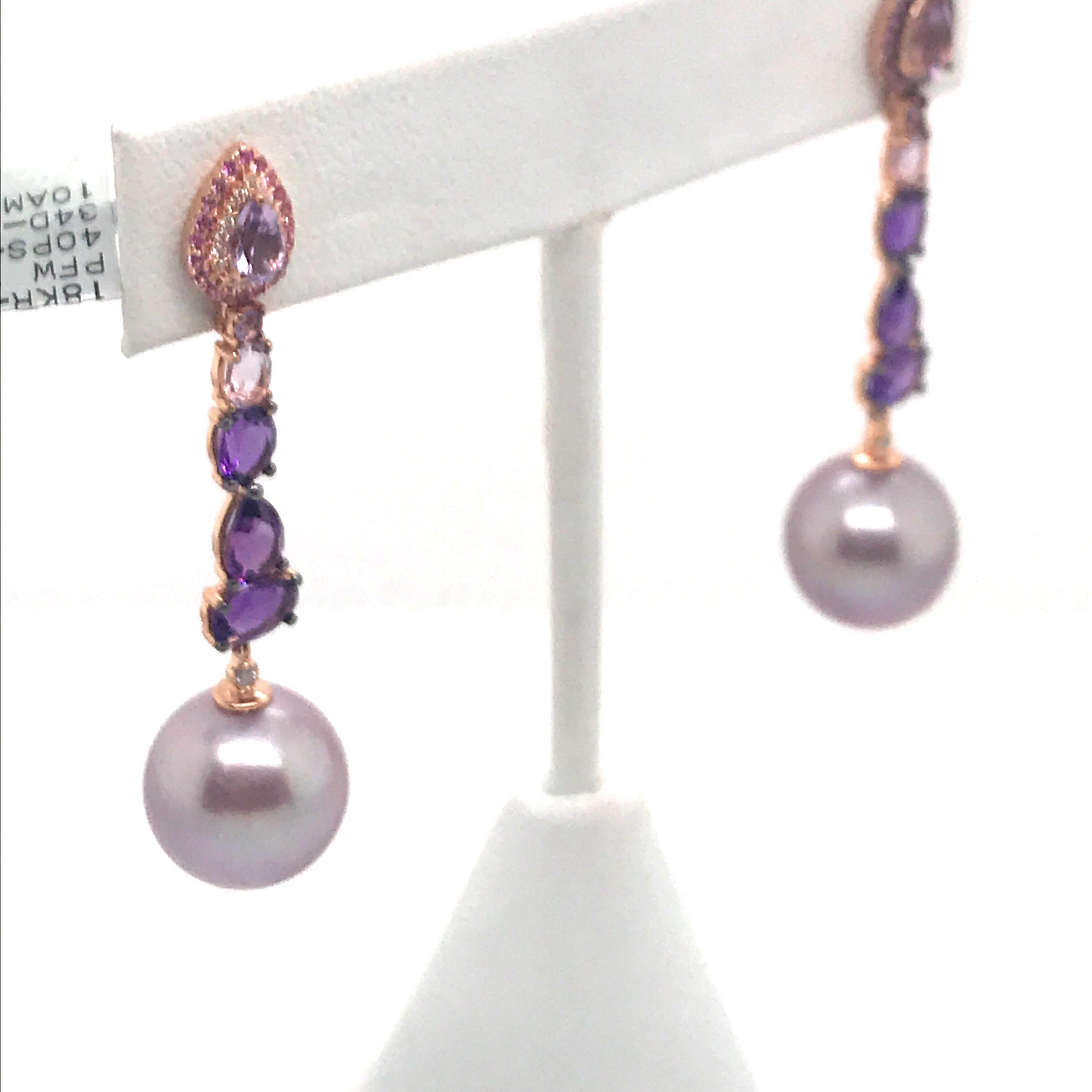 Amethyst Sapphire Pink Freshwater Pearl Earrings 3.13 Carats 18K Rose Gold  In New Condition For Sale In New York, NY