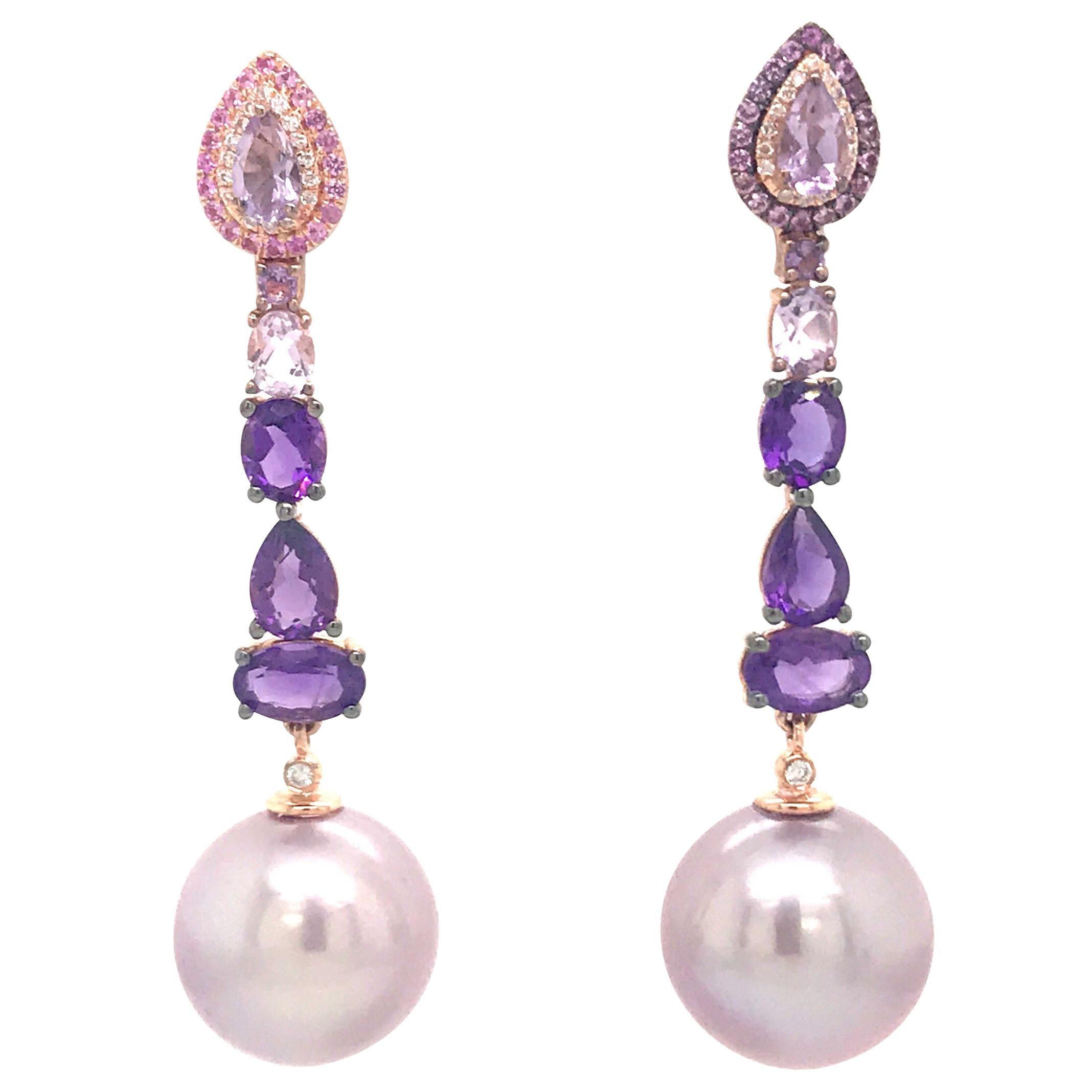 Amethyst Sapphire Pink Freshwater Pearl Earrings 3.13 Carats 18K Rose Gold  For Sale