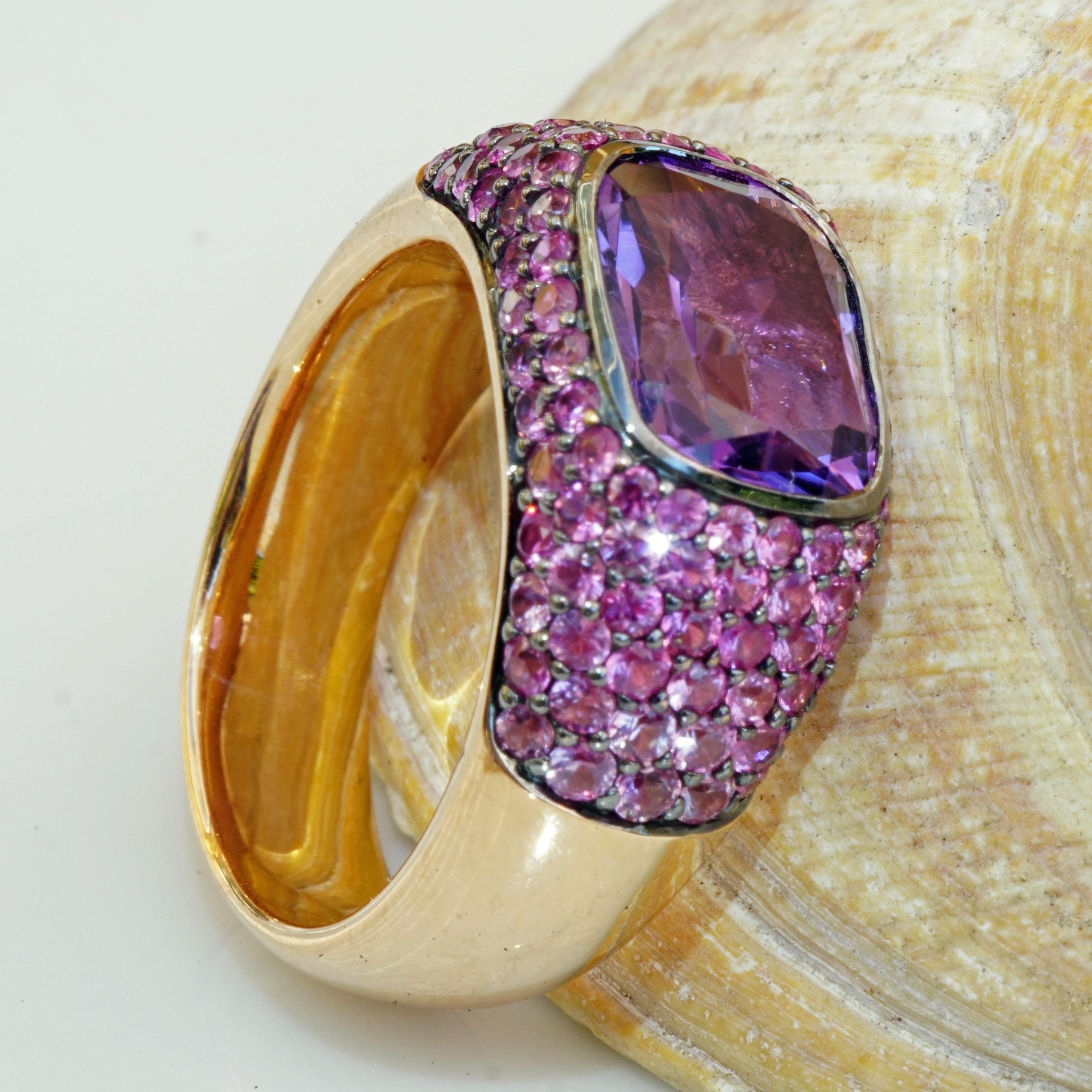 Anillo Amatista Zafiro Oro Rosa 18 Kt AAA+ Joyero Perfecto Arte Hecho en Valenza Moderno en venta