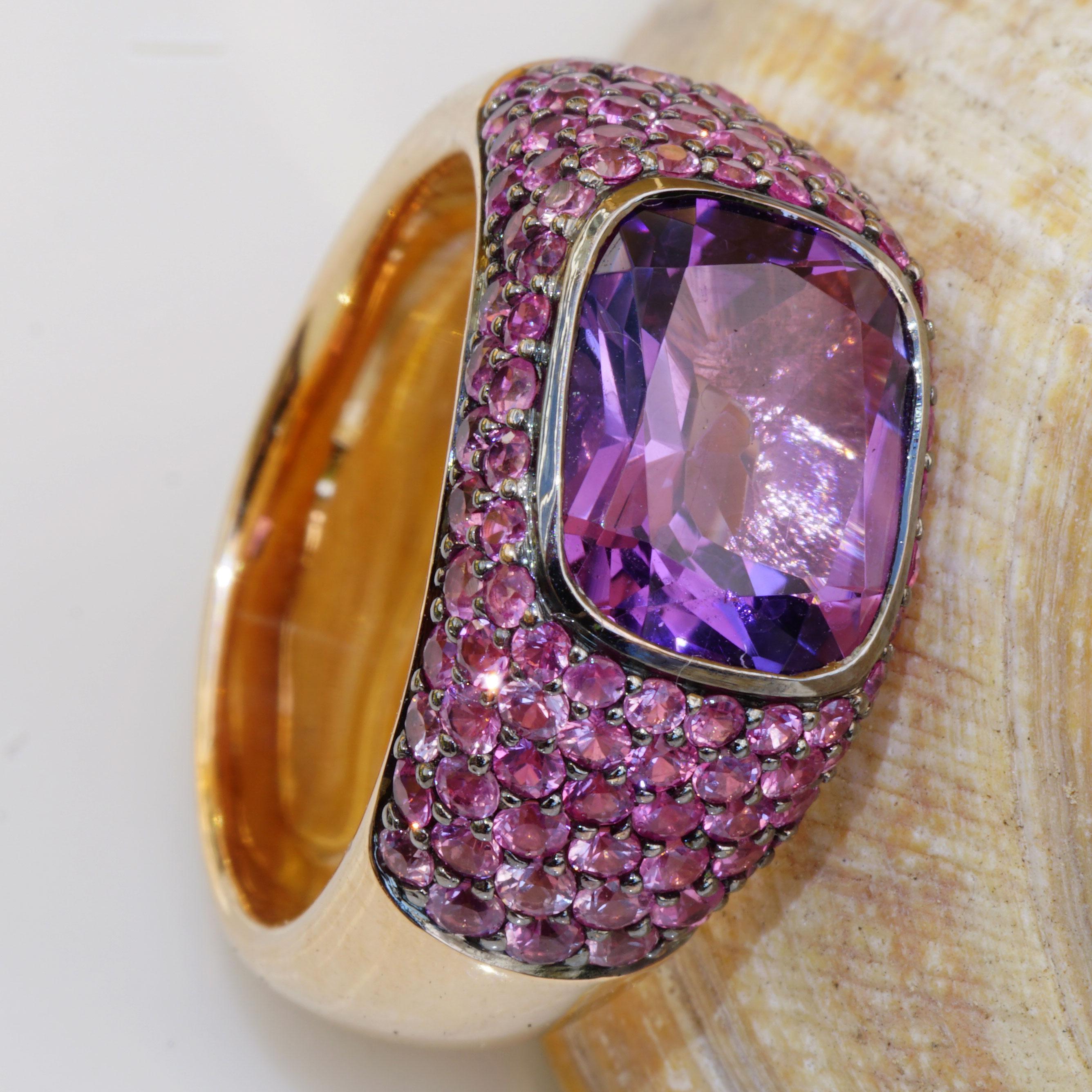 Modern Amethyst Sapphire Ring 18 Kt Rose Gold AAA+ Perfect Jewelers Art Made in Valenza For Sale