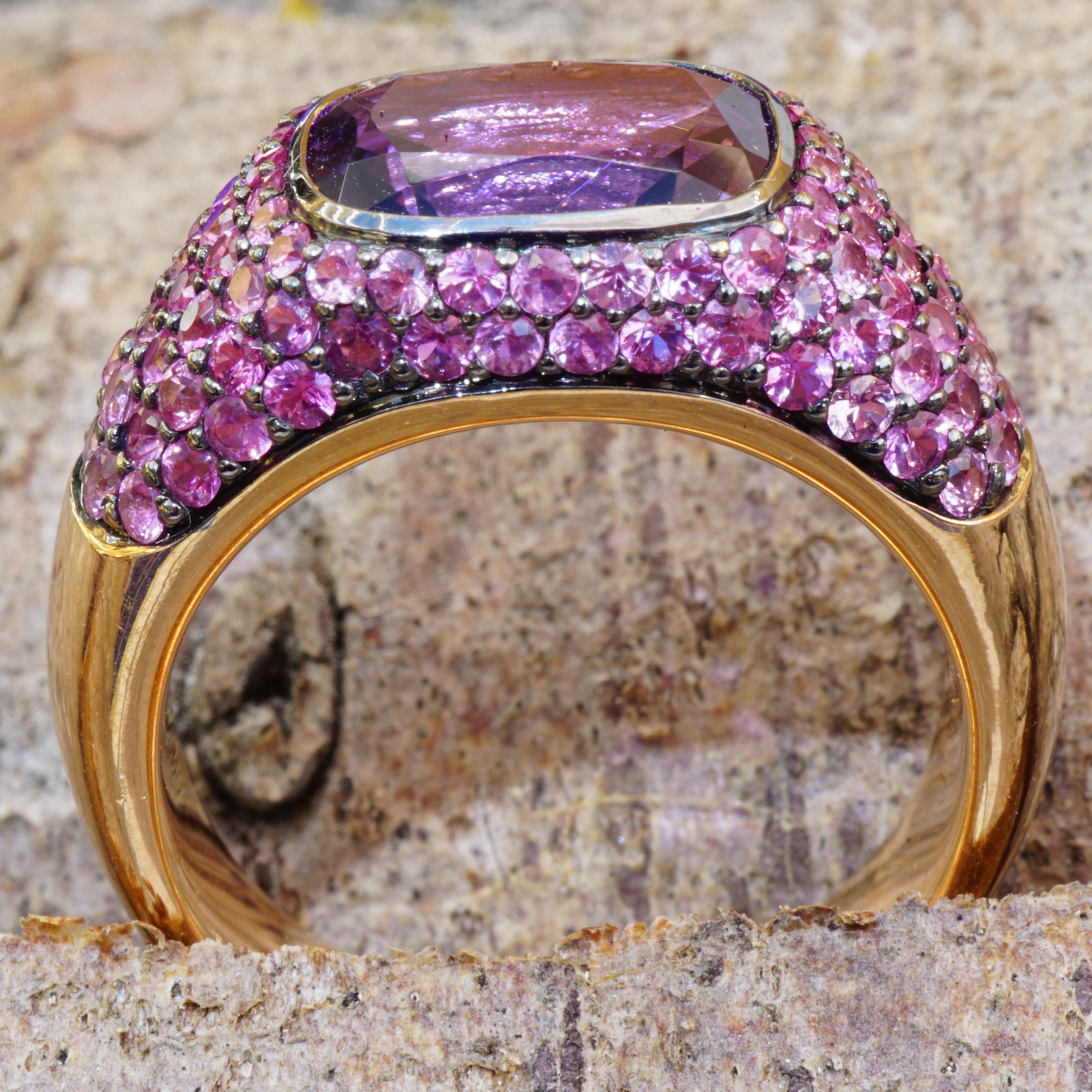 Women's or Men's Amethyst Sapphire Ring 18 Kt Rose Gold AAA+ Perfect Jewelers Art Made in Valenza For Sale