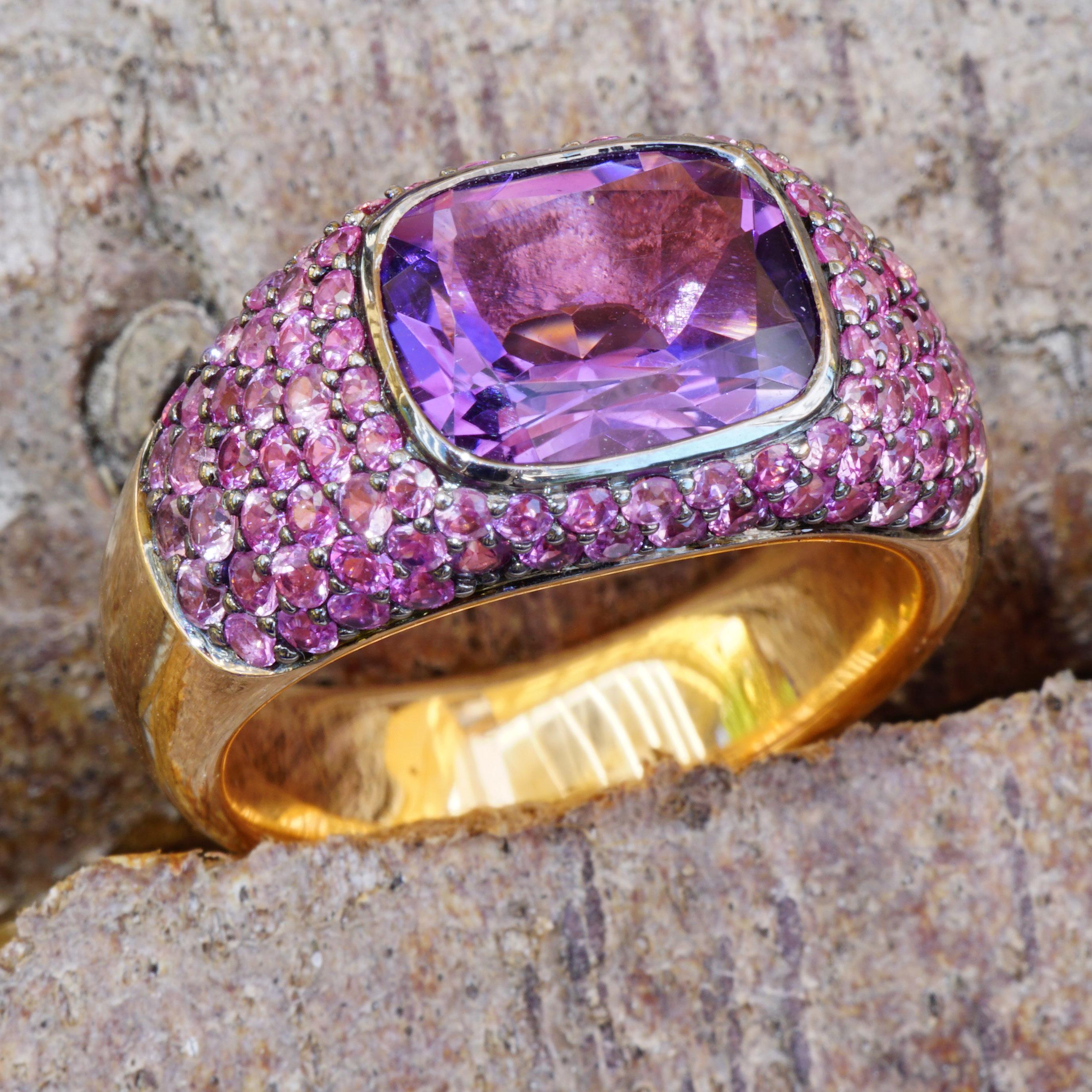 Amethyst Sapphire Ring 18 Kt Rose Gold AAA+ Perfect Jewelers Art Made in Valenza For Sale 2