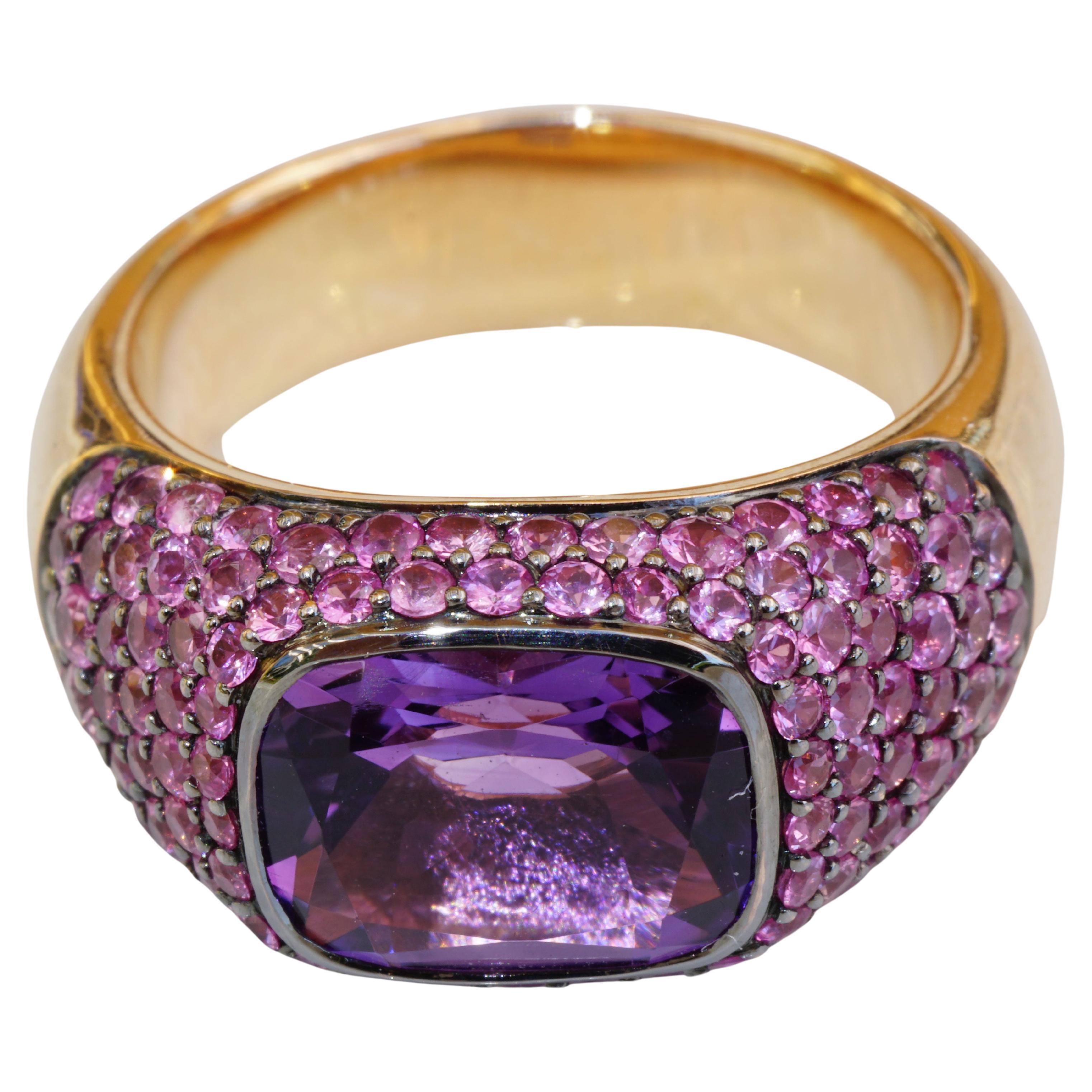 Amethyst Sapphire Ring 18 Kt Rose Gold AAA+ Perfect Jewelers Art Made in Valenza For Sale