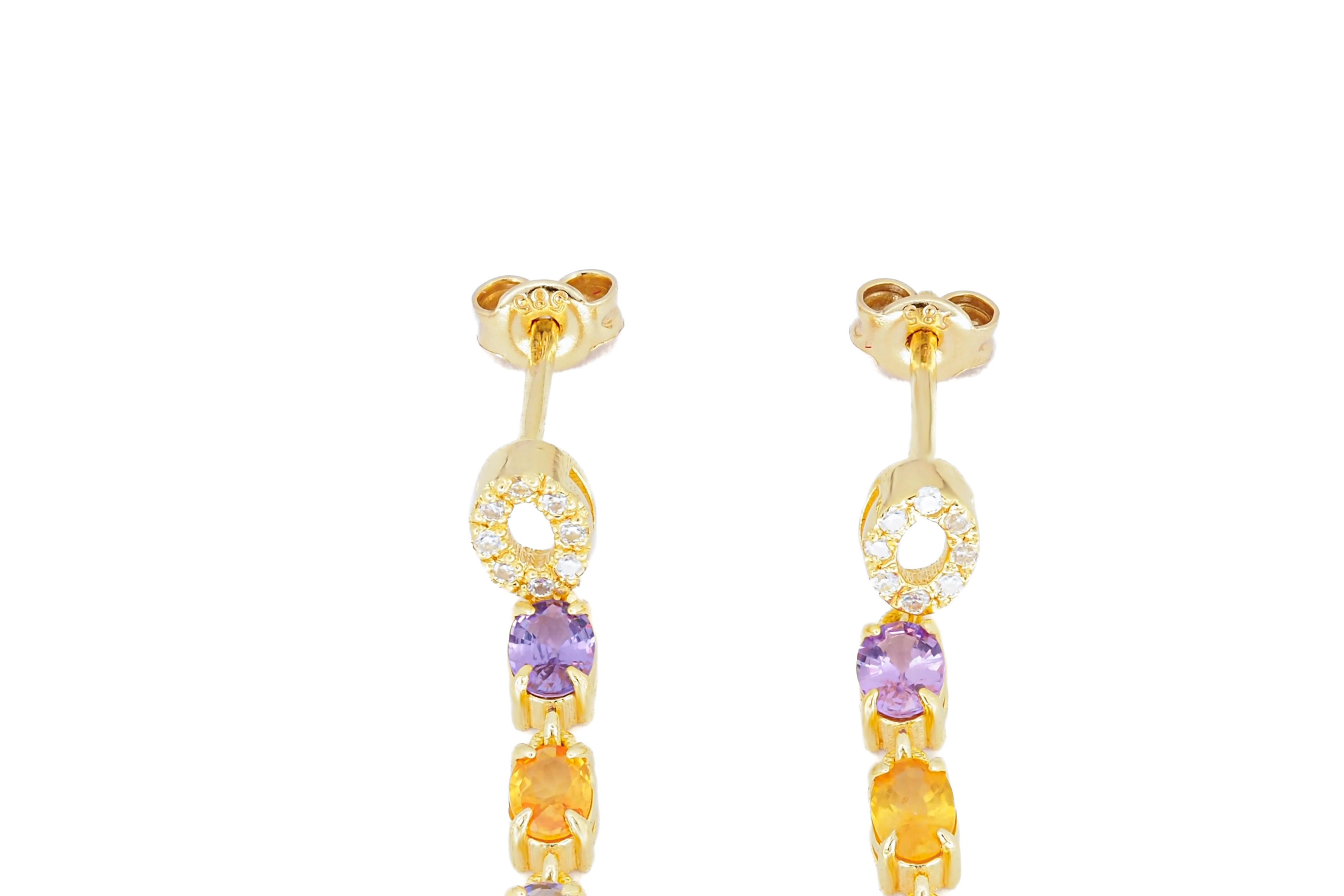 Amethyst, sapphire, tanzanite, diamonds earrings studs in 14k gold.  For Sale 4