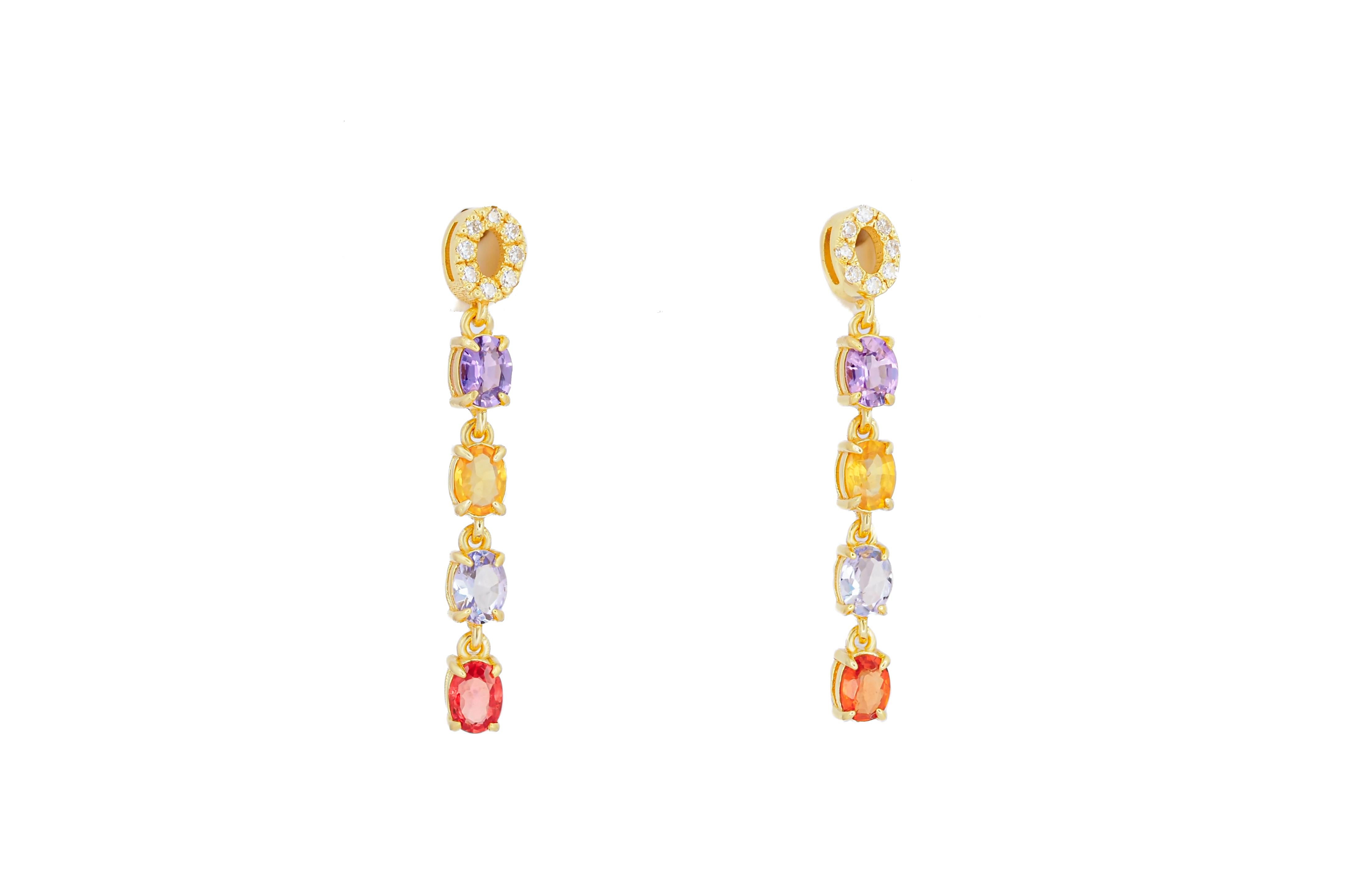 Modern Amethyst, sapphire, tanzanite, diamonds earrings studs in 14k gold For Sale