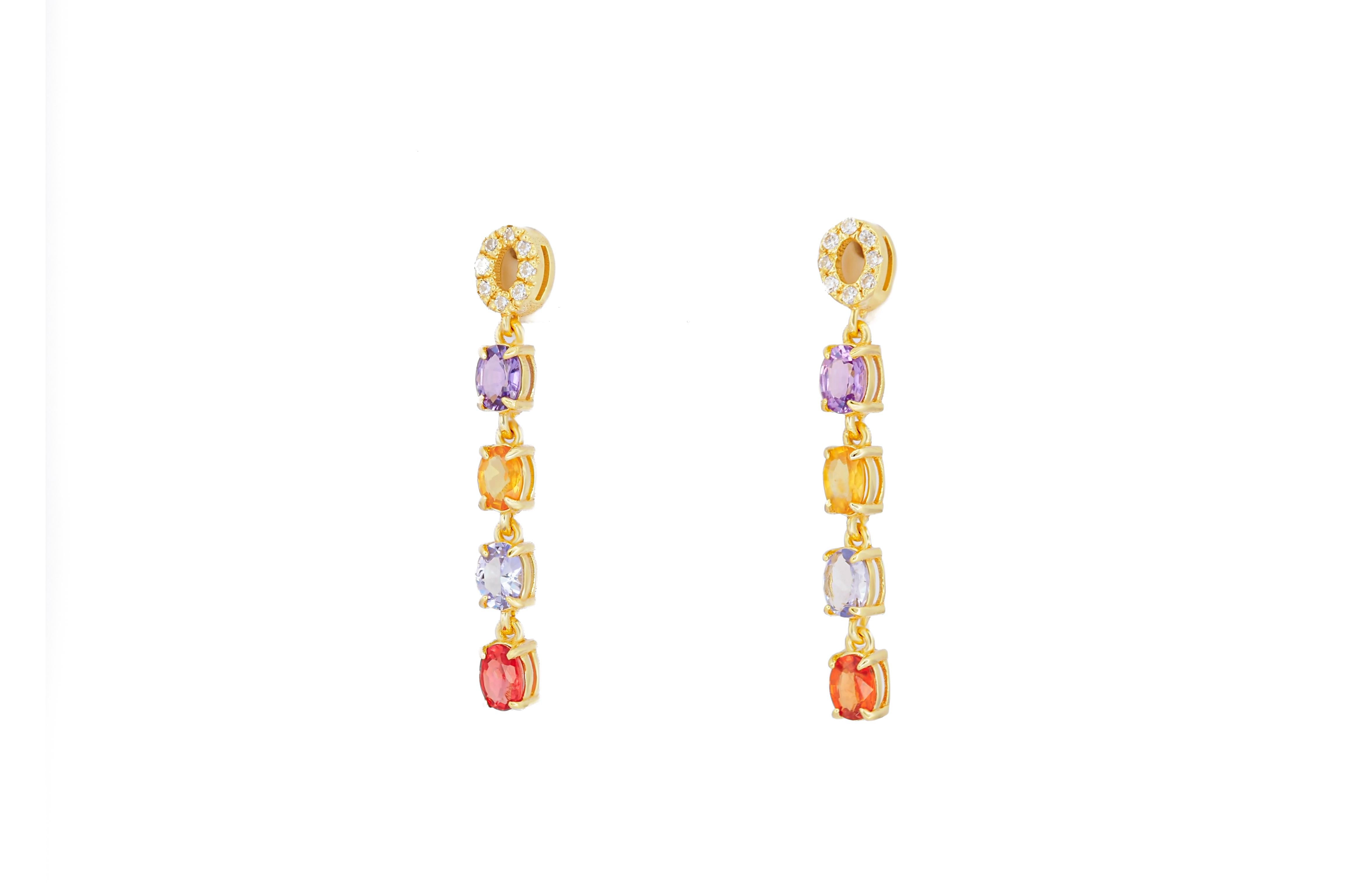 Oval Cut Amethyst, sapphire, tanzanite, diamonds earrings studs in 14k gold For Sale