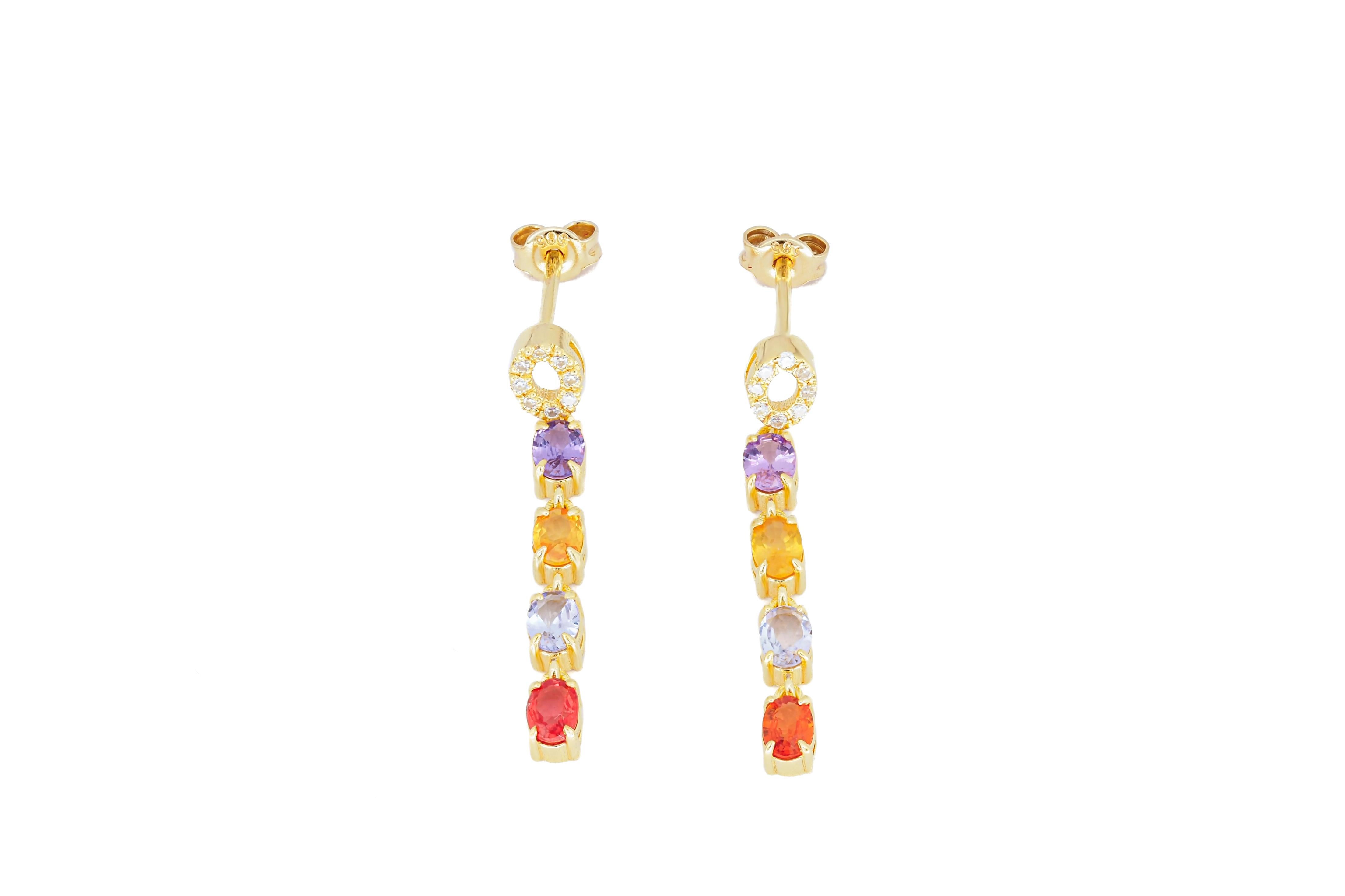 Amethyst, sapphire, tanzanite, diamonds earrings studs in 14k gold In New Condition For Sale In Istanbul, TR