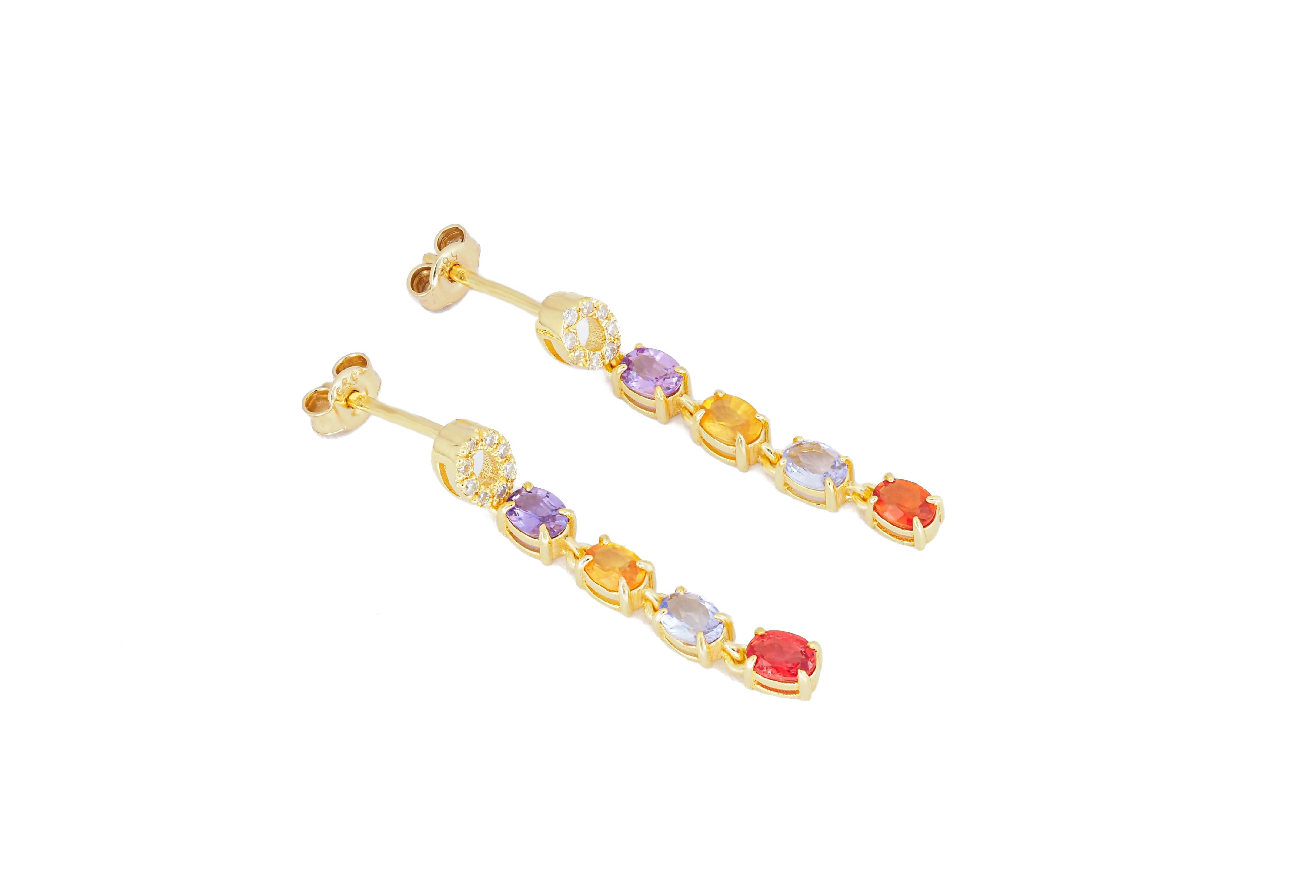 Women's Amethyst, sapphire, tanzanite, diamonds earrings studs in 14k gold For Sale
