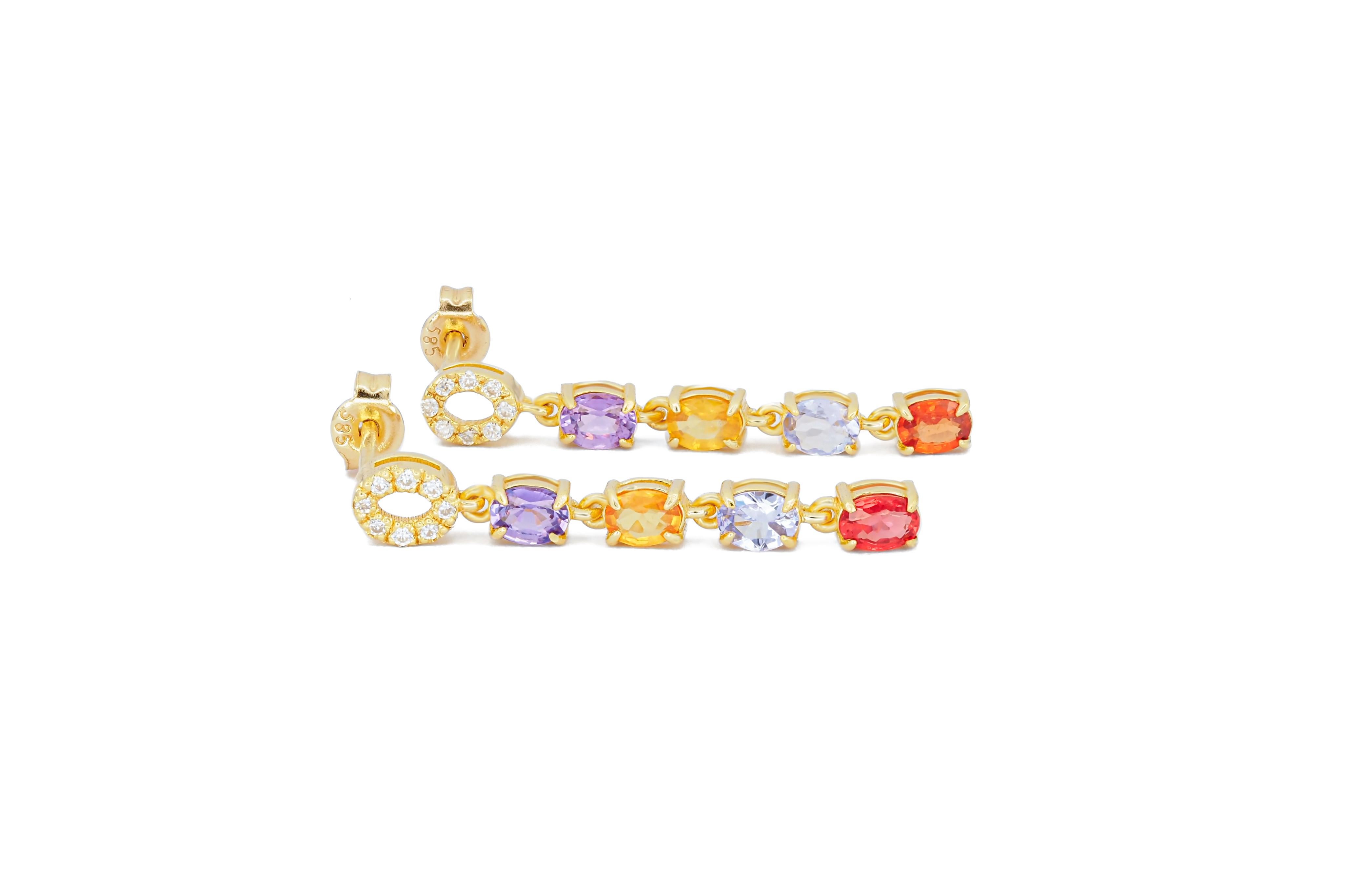 Amethyst, sapphire, tanzanite, diamonds earrings studs in 14k gold.  For Sale 2
