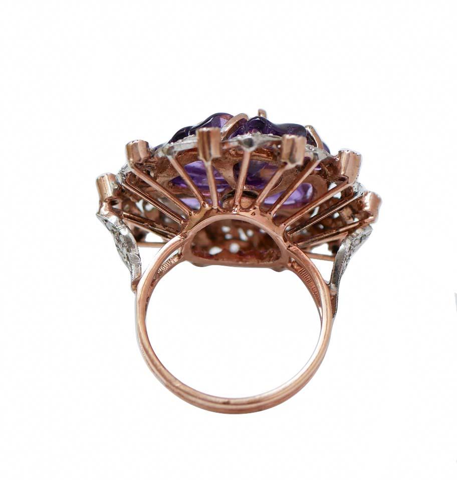 Ring aus Roségold und Silber mit Amethyst, Saphiren, Diamanten und Silber. (Retro) im Angebot