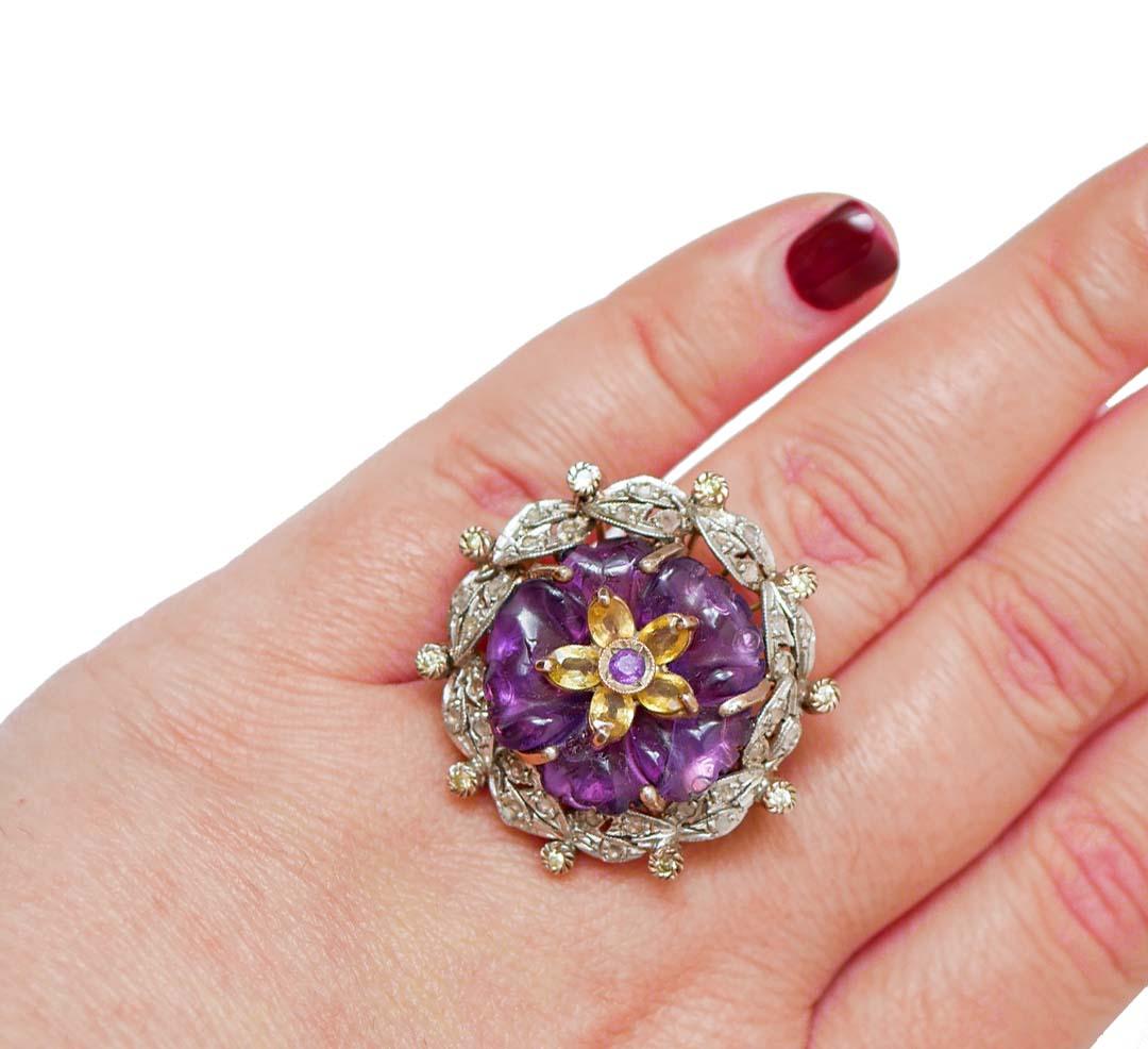 Ring aus Roségold und Silber mit Amethyst, Saphiren, Diamanten und Silber. im Zustand „Gut“ im Angebot in Marcianise, Marcianise (CE)