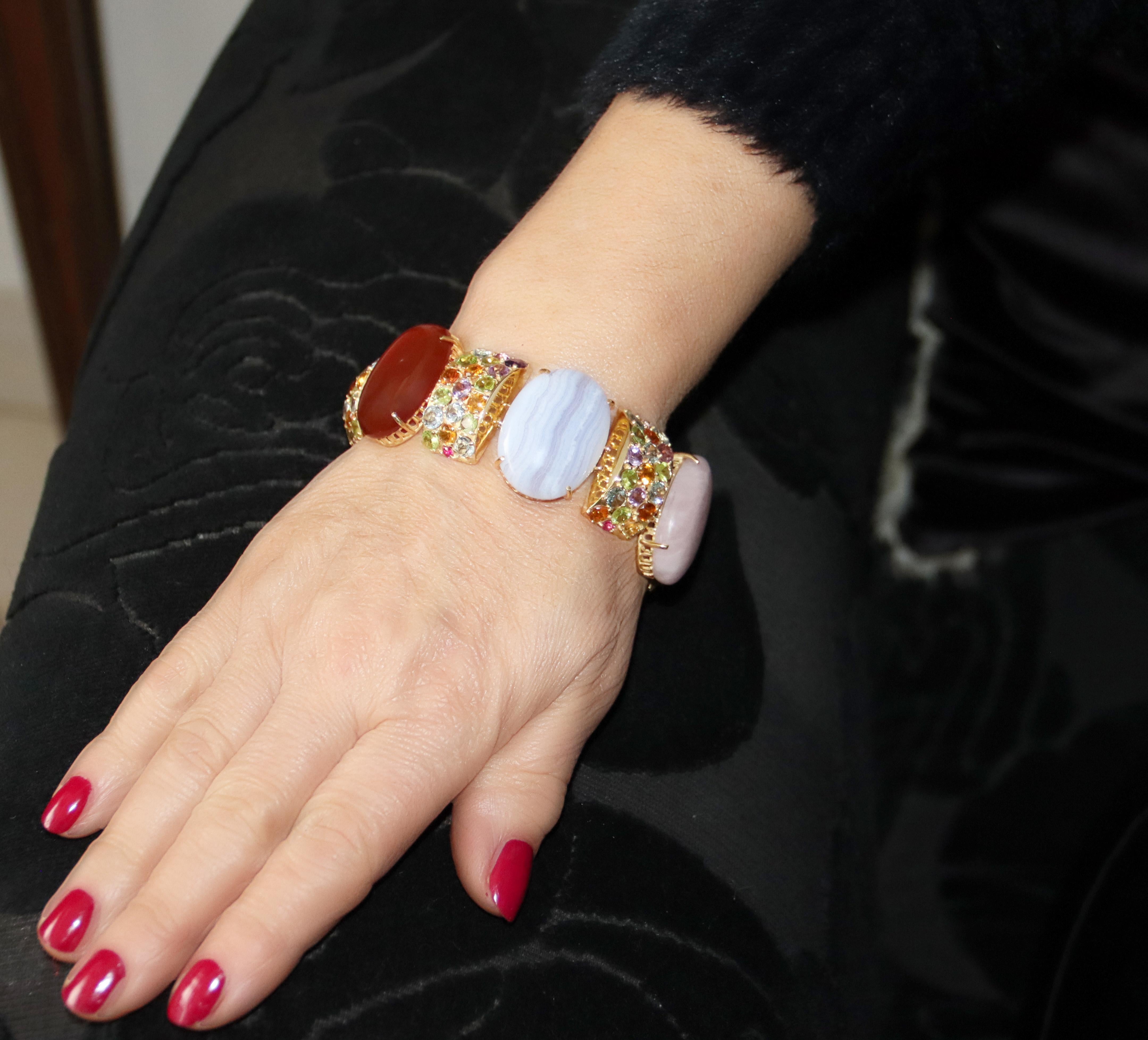 Amethyst Sapphires Tourmaline Aquamarines 14 Karat Yellow Gold  Cuff Bracelet For Sale 4
