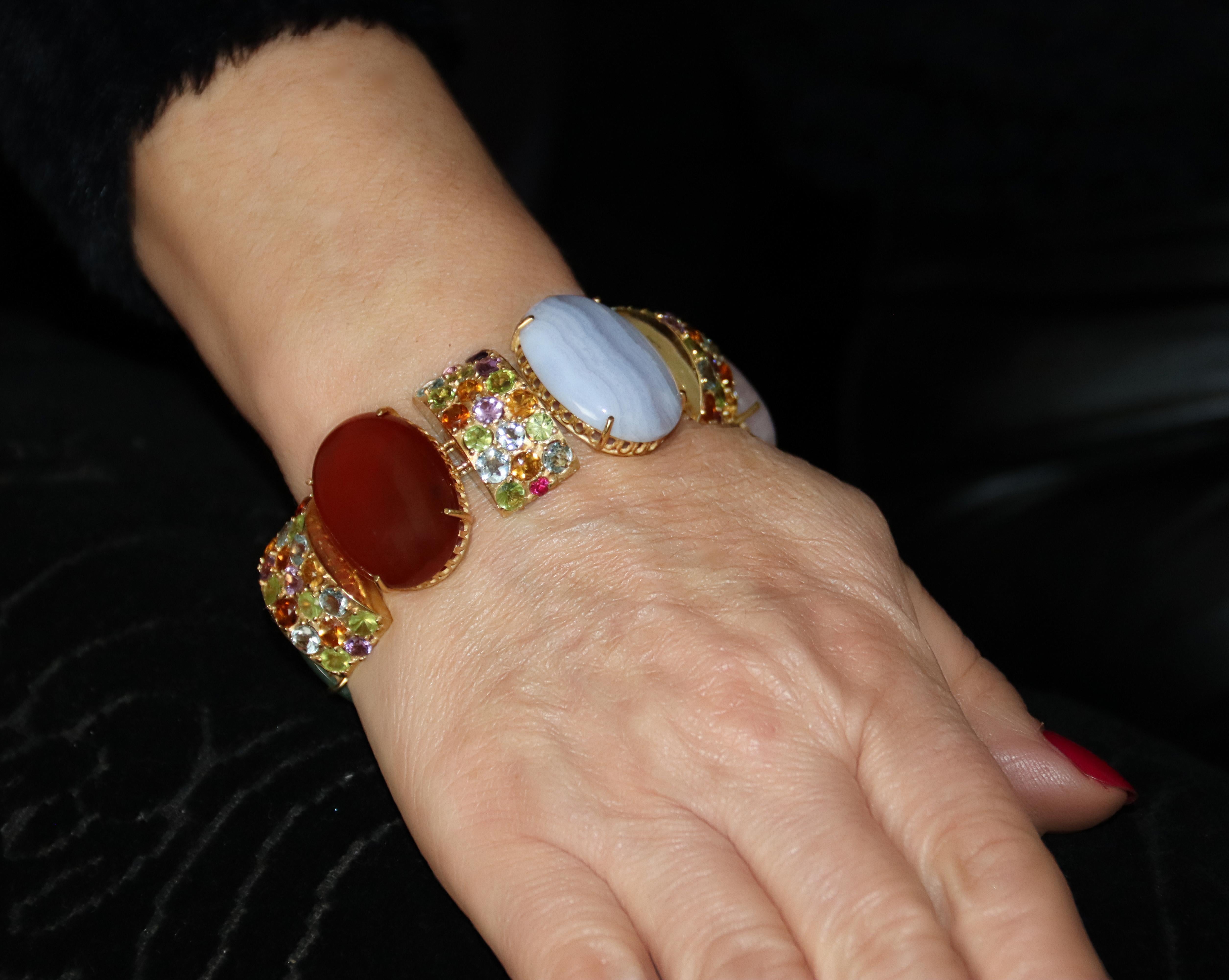 Amethyst Sapphires Tourmaline Aquamarines 14 Karat Yellow Gold  Cuff Bracelet For Sale 5