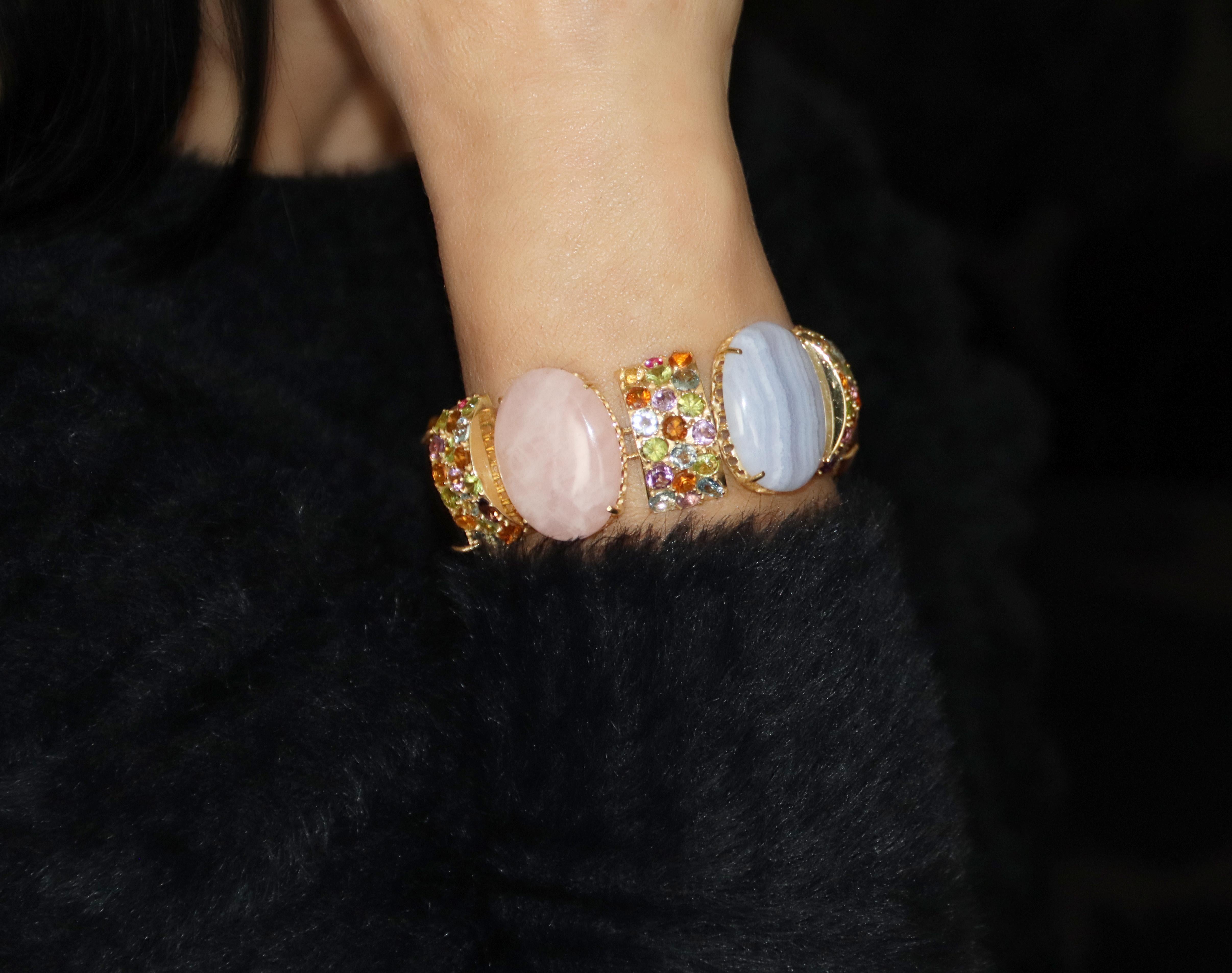 Amethyst Sapphires Tourmaline Aquamarines 14 Karat Yellow Gold  Cuff Bracelet For Sale 6