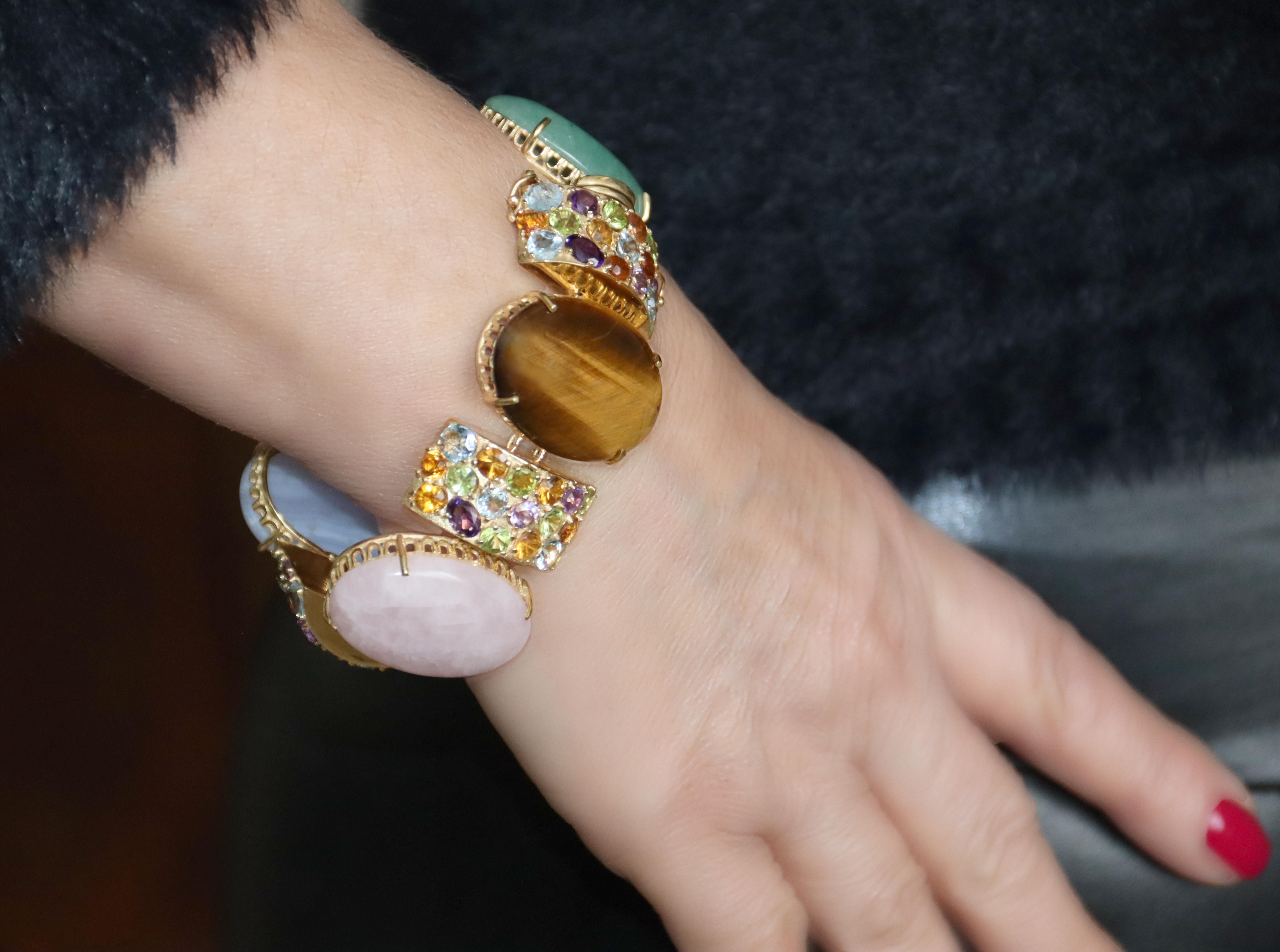 Amethyst Sapphires Tourmaline Aquamarines 14 Karat Yellow Gold  Cuff Bracelet For Sale 8