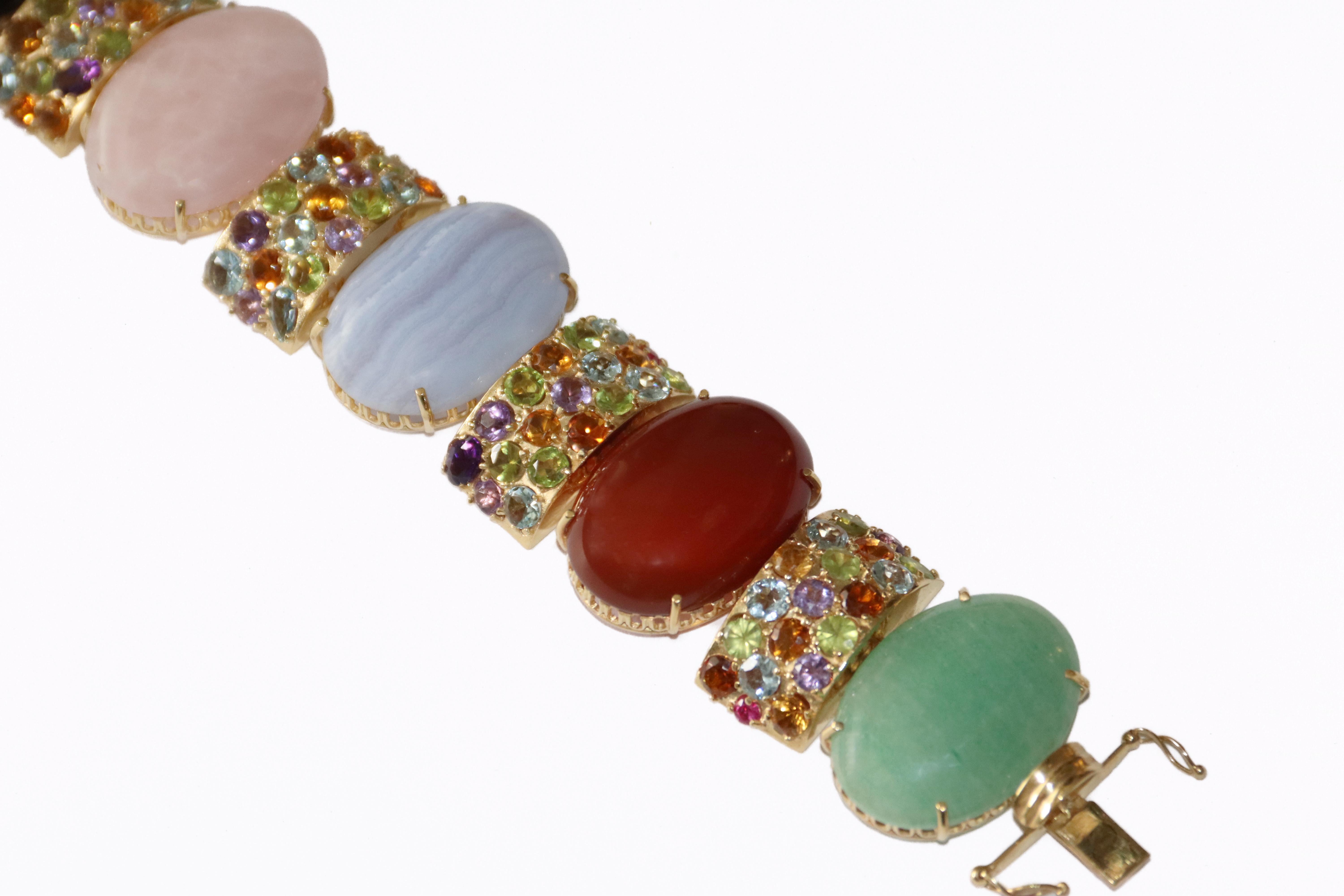 Amethyst Sapphires Tourmaline Aquamarines 14 Karat Yellow Gold  Cuff Bracelet In Excellent Condition For Sale In Marcianise, IT