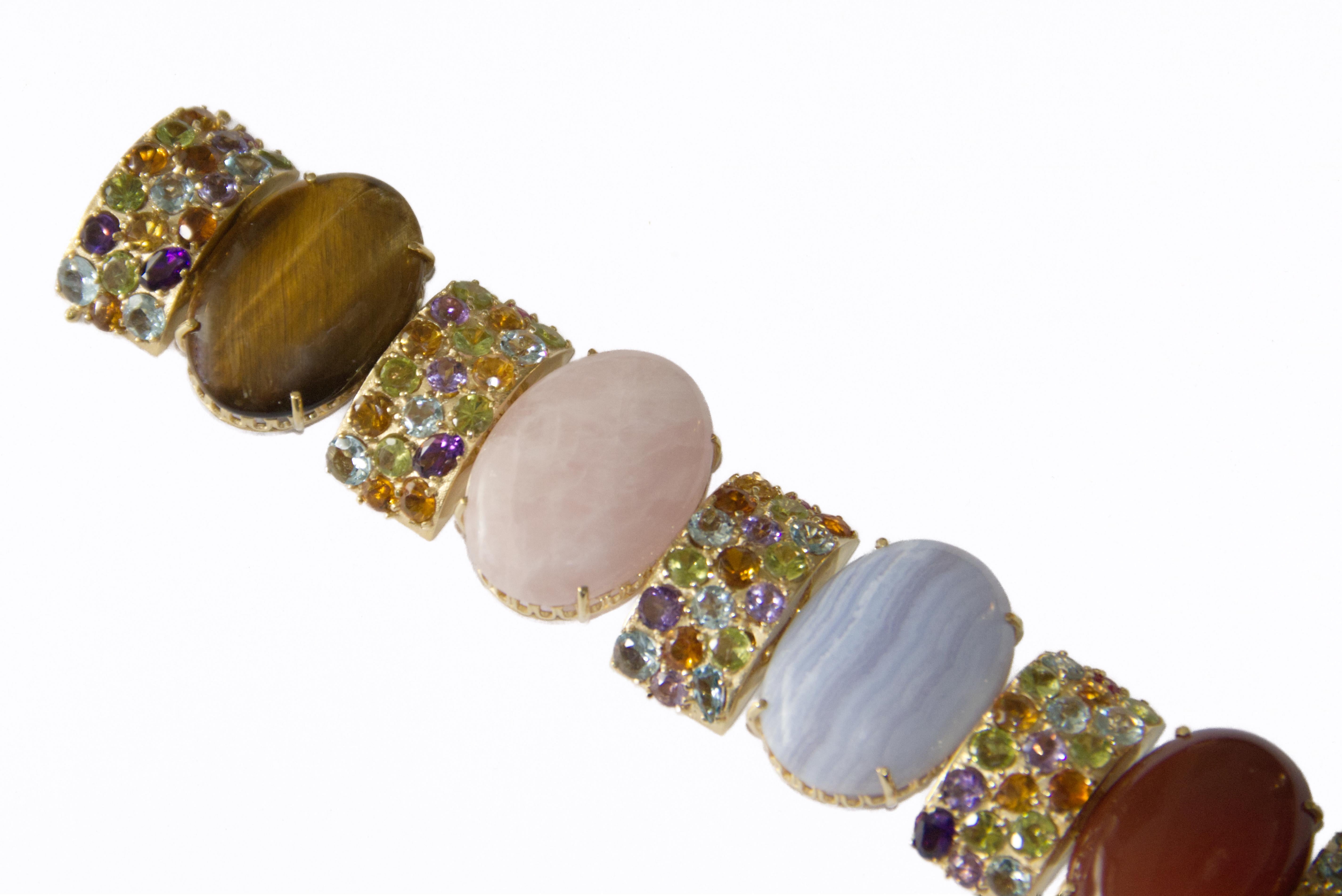 Amethyst Sapphires Tourmaline Aquamarines 14 Karat Yellow Gold  Cuff Bracelet For Sale 1