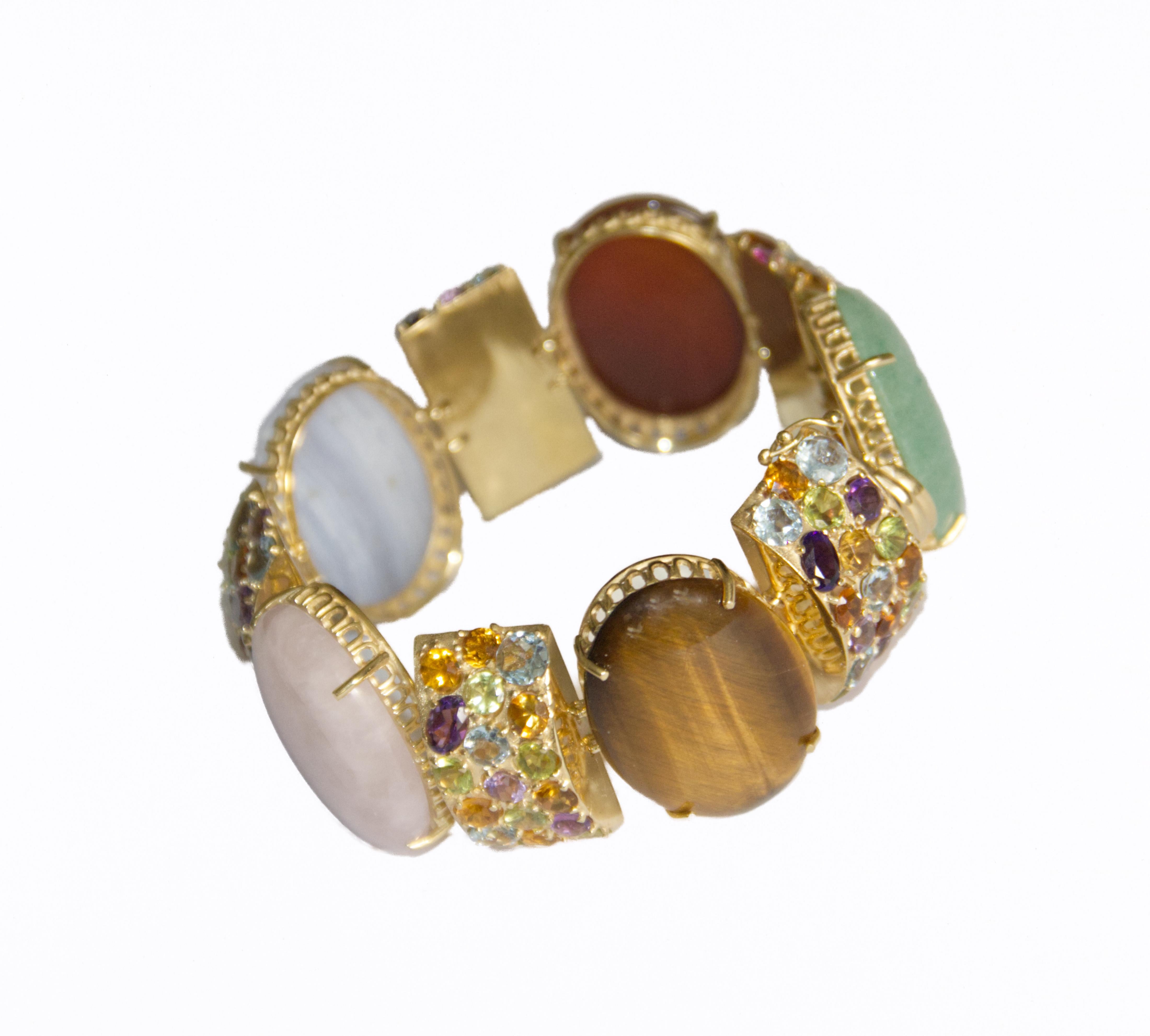 Amethyst Sapphires Tourmaline Aquamarines 14 Karat Yellow Gold  Cuff Bracelet For Sale 2