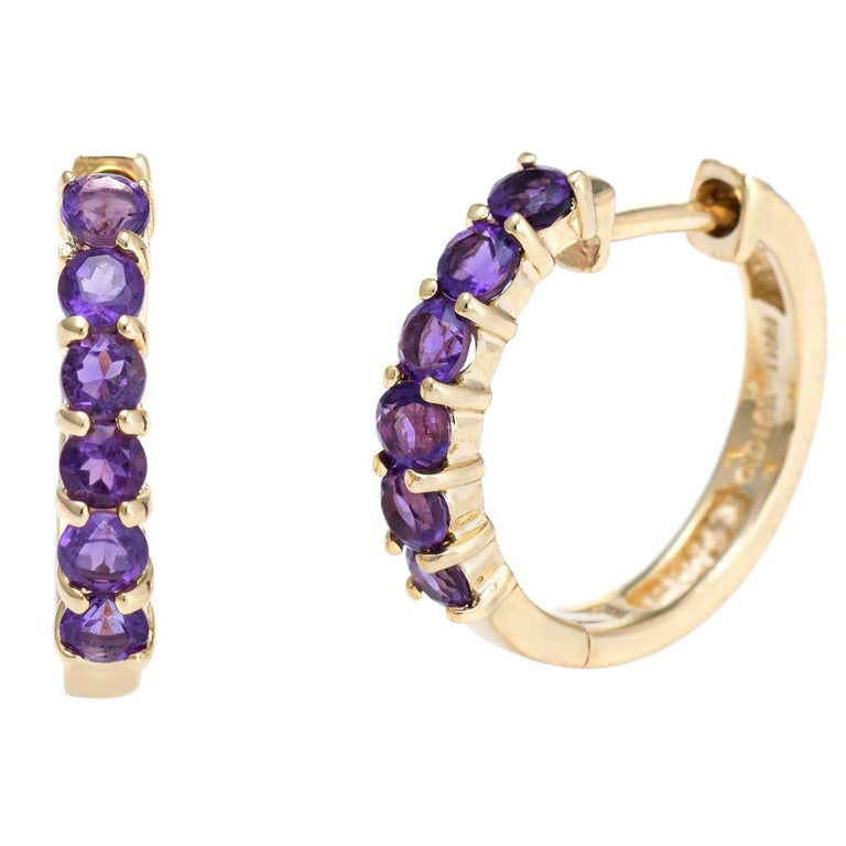 Amethyst Shrimp Earrings Estate 10 Karat Yellow Gold Small Hoops Huggie